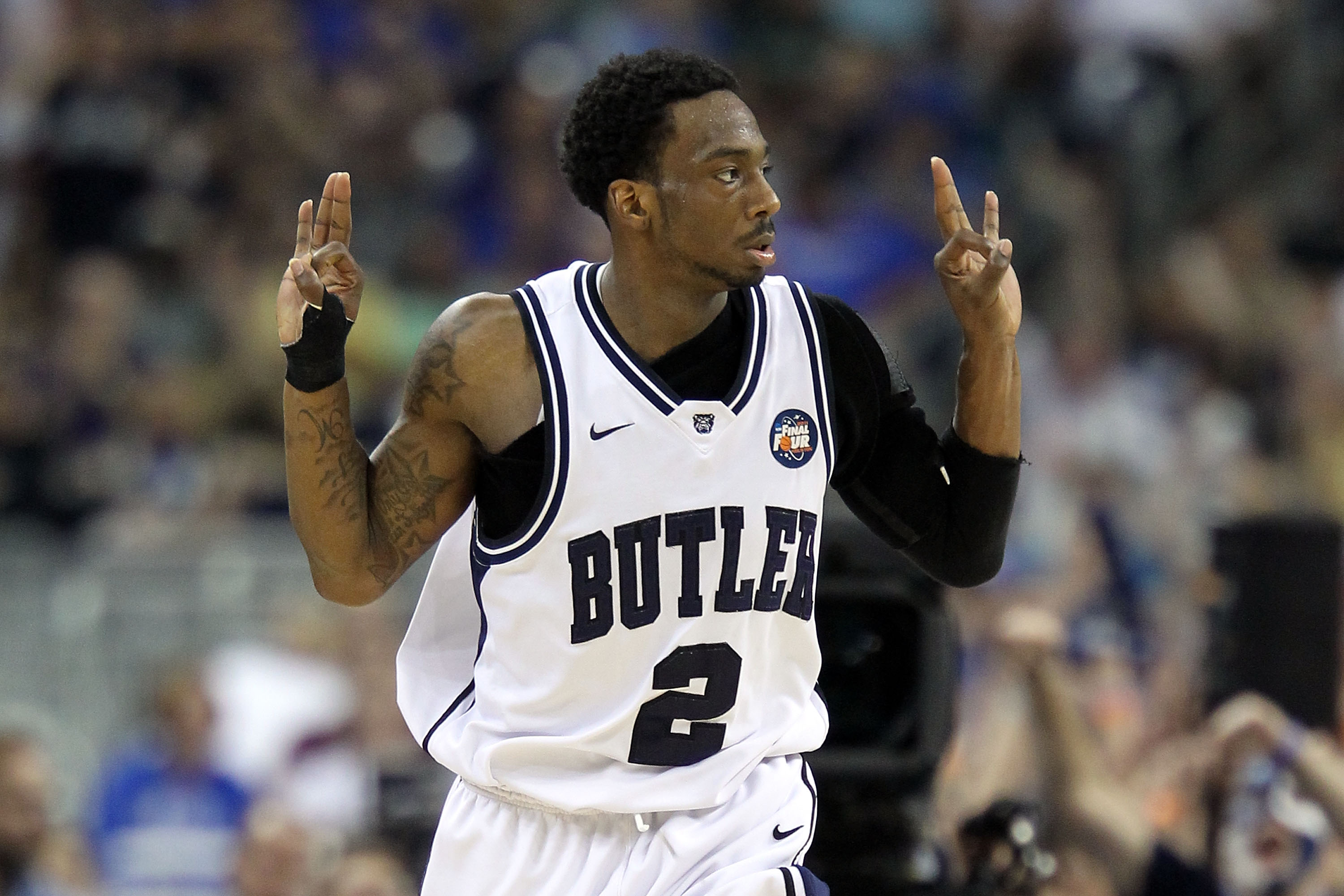 HOUSTON, TX - APRIL 02: Shawn Vanzant #2 of the Butler Bulldogs reacts after a three pointer against the Virginia Commonwealth Rams during the National Semifinal game of the 2011 NCAA Division I Men's Basketball Championship at Reliant Stadium on April 2