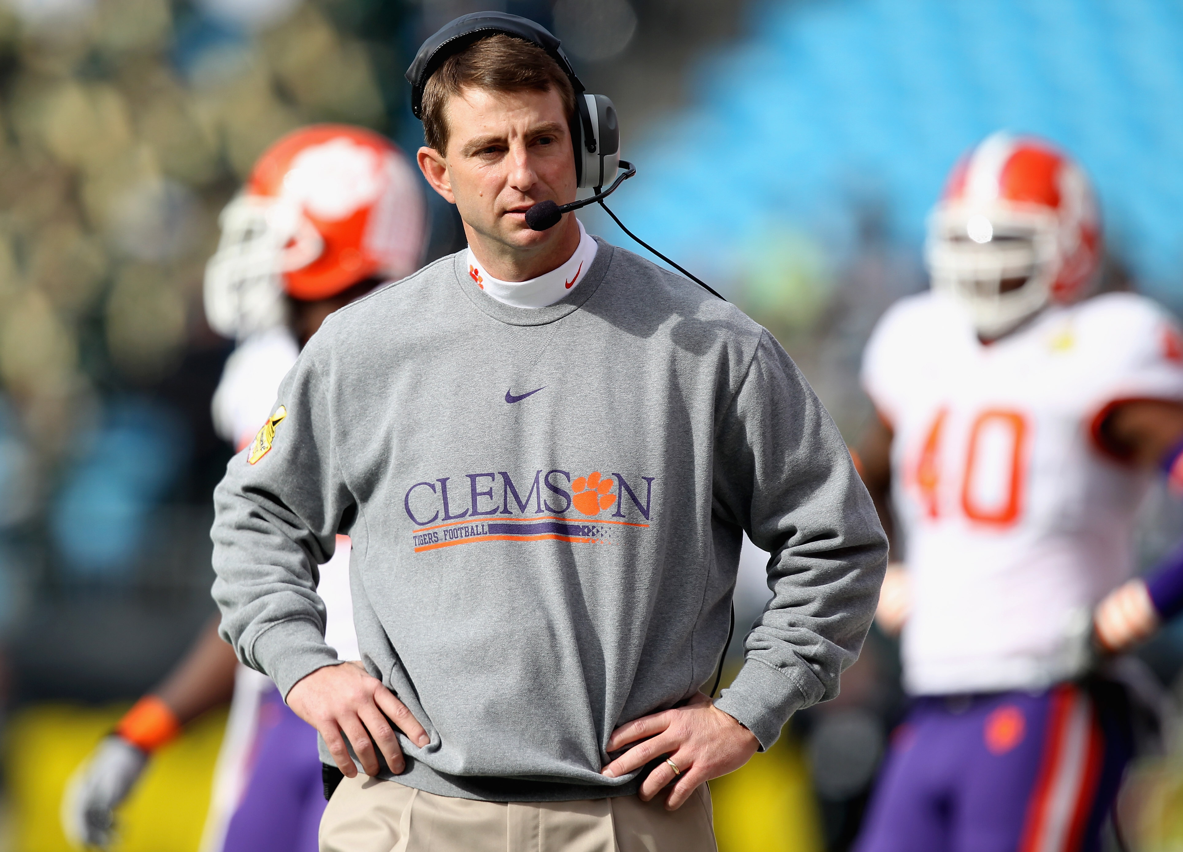CHARLOTTE, NC - DECEMBER 31:  Head coach Dabo Swinney of the Clemson Tigers reacts to his teams 31-26 loss to the USF Bulls during their game at Bank of America Stadium on December 31, 2010 in Charlotte, North Carolina.  (Photo by Streeter Lecka/Getty Ima