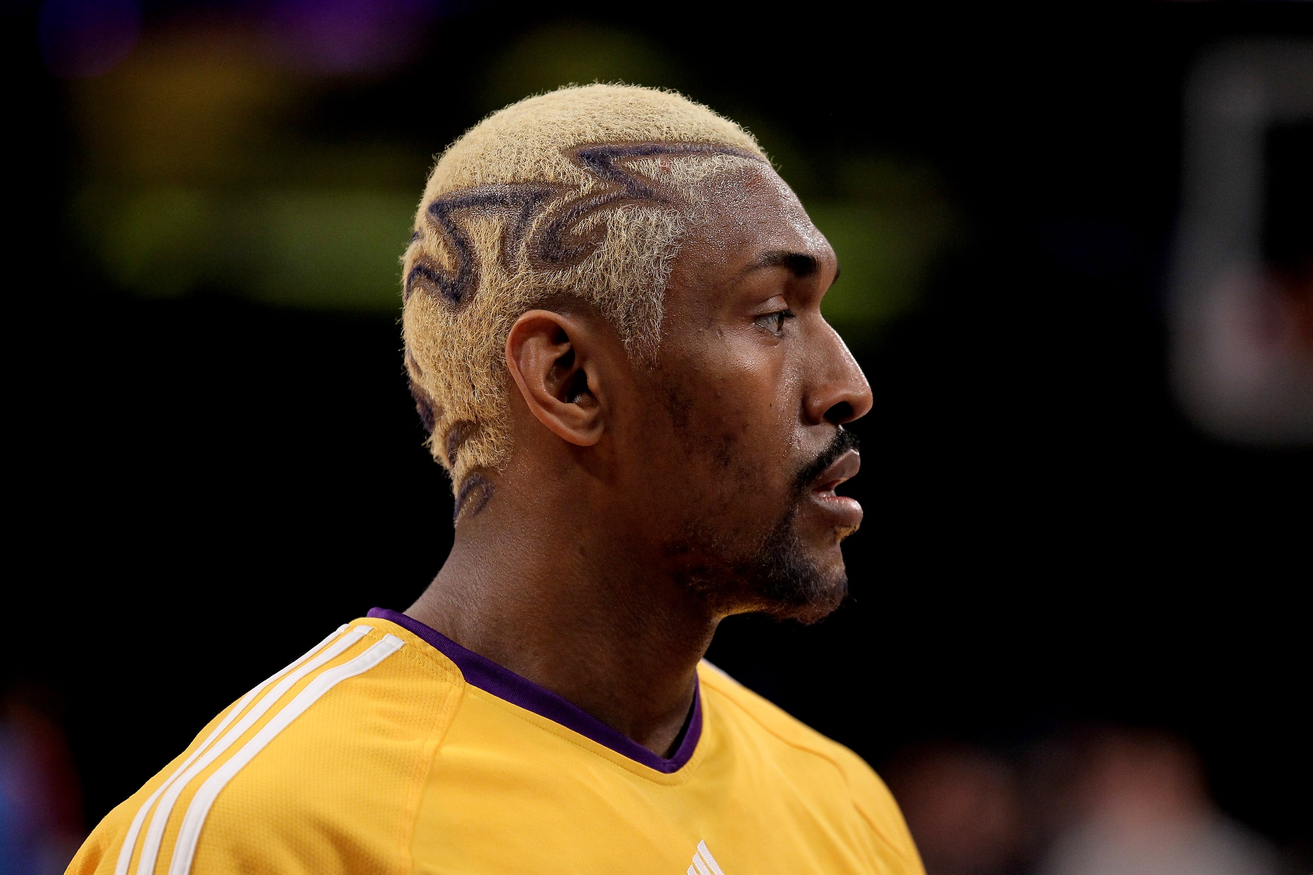 LOS ANGELES - APRIL 20:   Ron artest #37 of the Los Angeles Lakers wear a new hair do as he warms up for the game against the Oklahoma City Thunder before Game Two of the Western Conference Quarterfinals of the 2010 NBA Playoffs on April 20, 2010 at Stapl