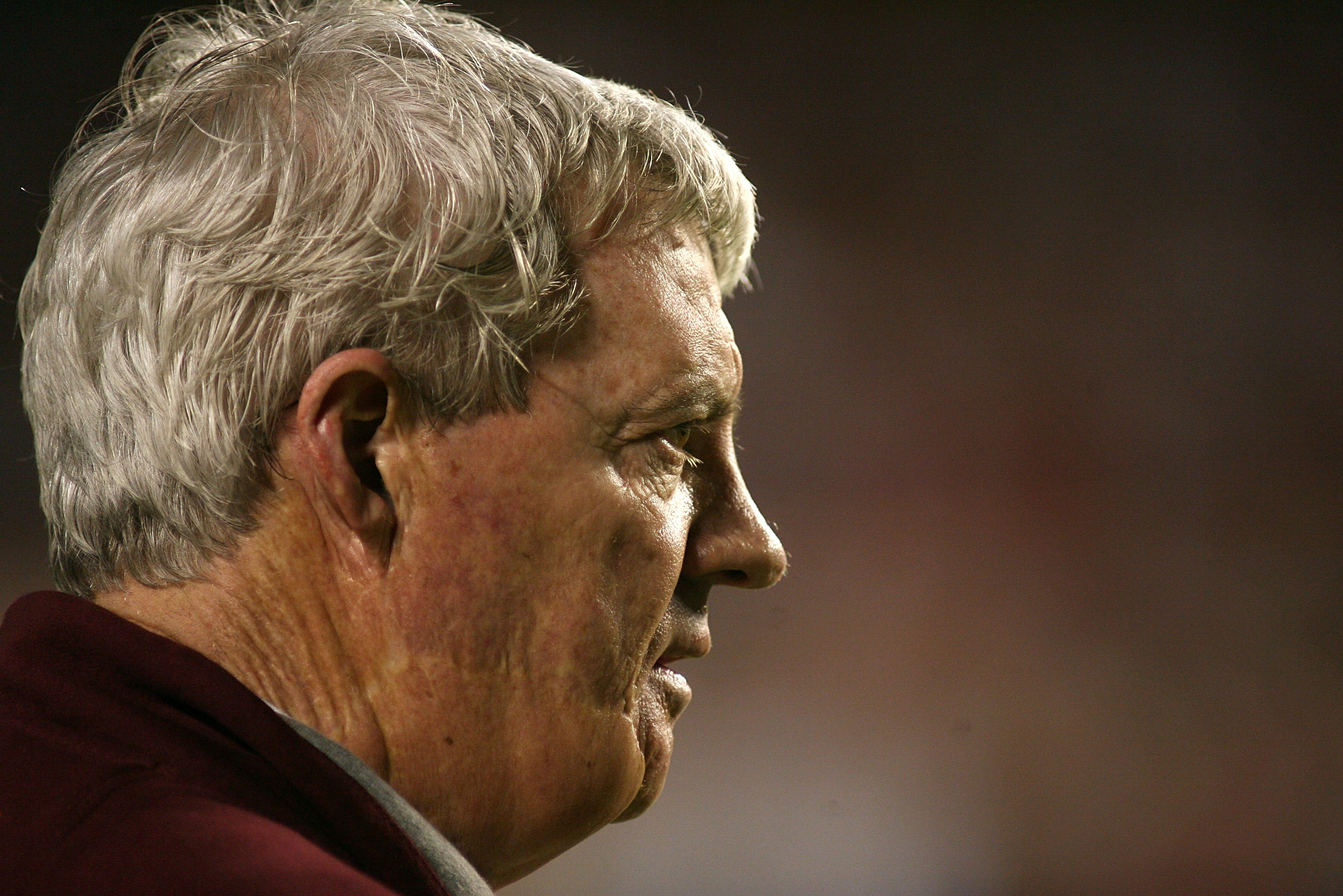 MIAMI, FL - JANUARY 03: Head coach Frank Beamer of the Virginia Tech Hokies looks on against the Stanford Cardinal during the 2011 Discover Orange Bowl at Sun Life Stadium on January 3, 2011 in Miami, Florida. Stanford won 40-12. (Photo by Marc Serota/Get