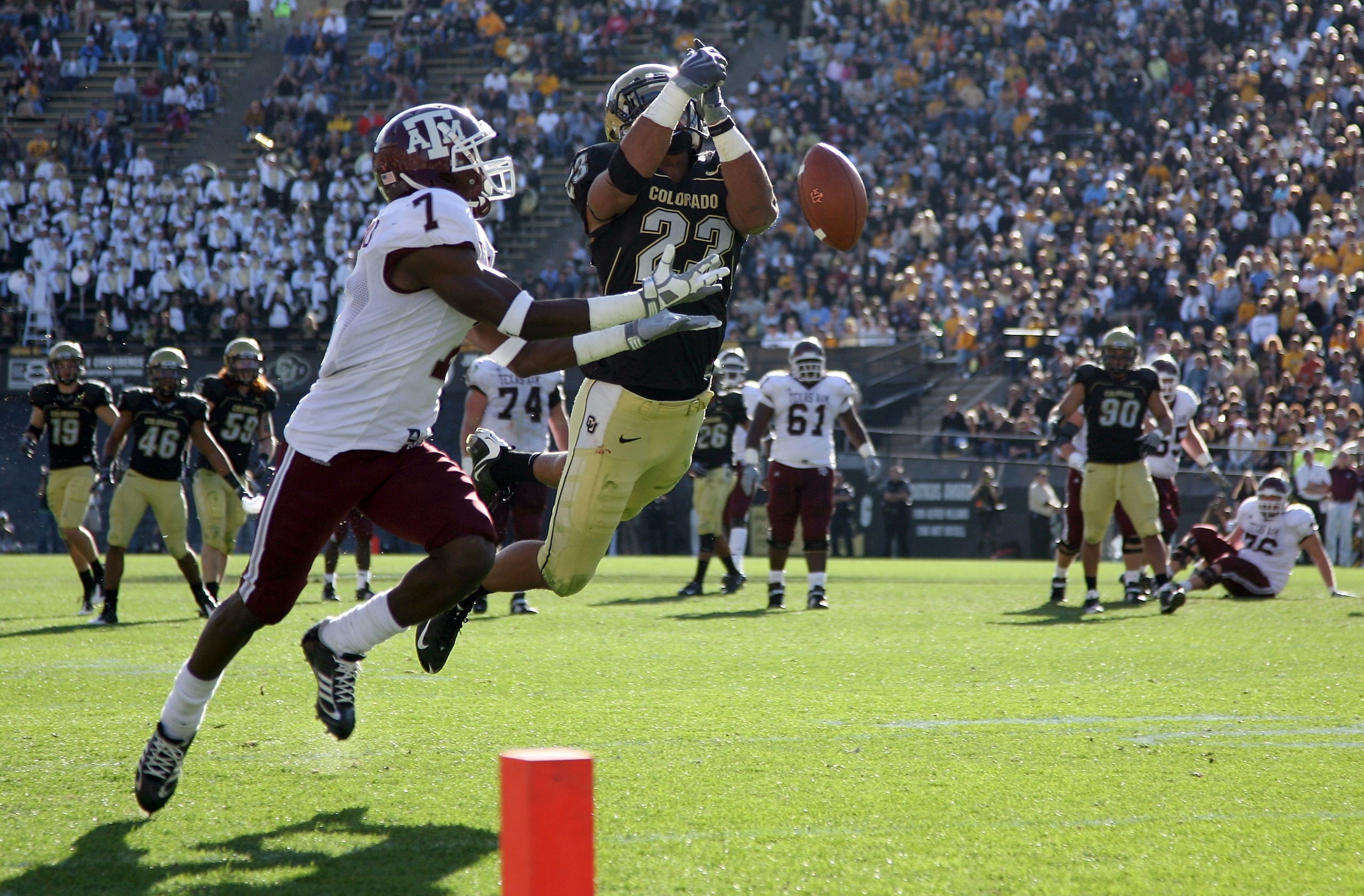 BOULDER, CO - NOVEMBER 07:  Jalil Brown #23 of the Colorado Buffaloes breaks up a third down pass intended for Uzoma Nwachukwu #7 of the Texas A&M Aggies forcing a Texas A&M 47 yard fourth quarter field goal during NCAA college football action at Folsom F