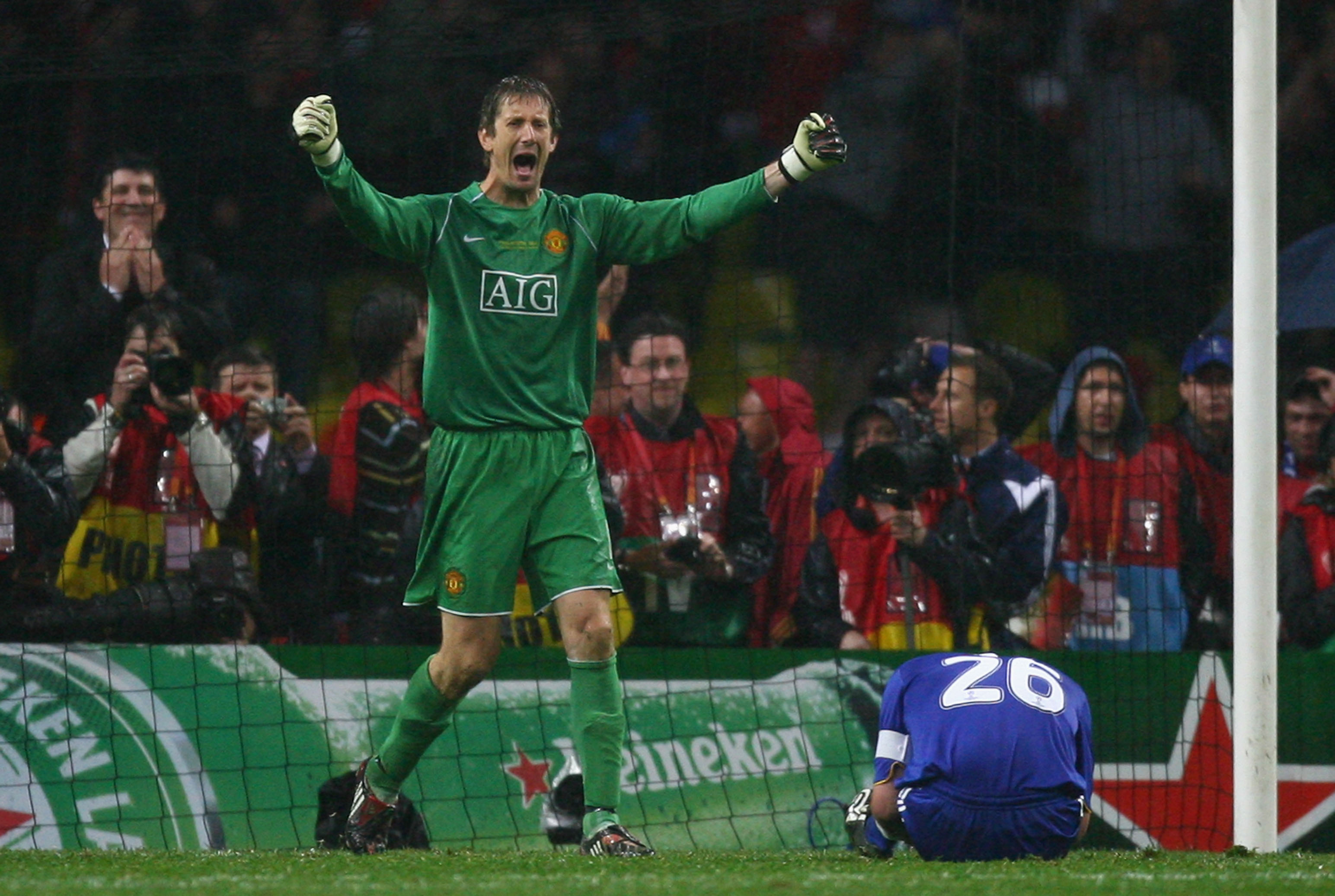 MOSCOW - MAY 21:  Edwin Van der Sar of Manchester United celebrates after John Terry of Chelsea misses a penalty during the UEFA Champions League Final match between Manchester United and Chelsea at the Luzhniki Stadium on May 21, 2008 in Moscow, Russia.