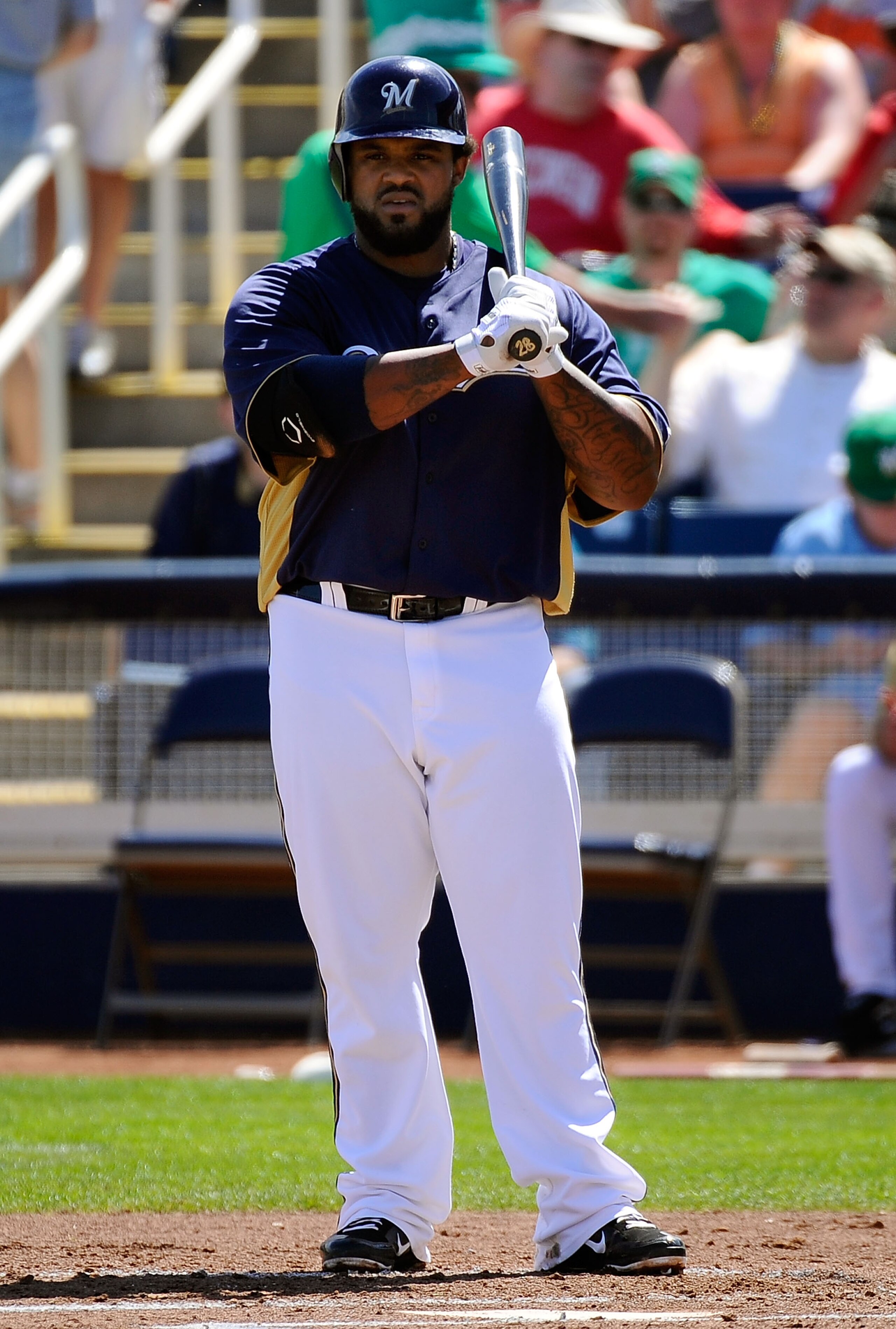 PHOENIX, AZ - MARCH 17:  Prince Fielder #28 of the Milwaukee Brewers at bat against the Chicago White Sox during the spring training game at Maryvale Baseball Park on March 17, 2011 in Phoenix, Arizona.  (Photo by Kevork Djansezian/Getty Images)