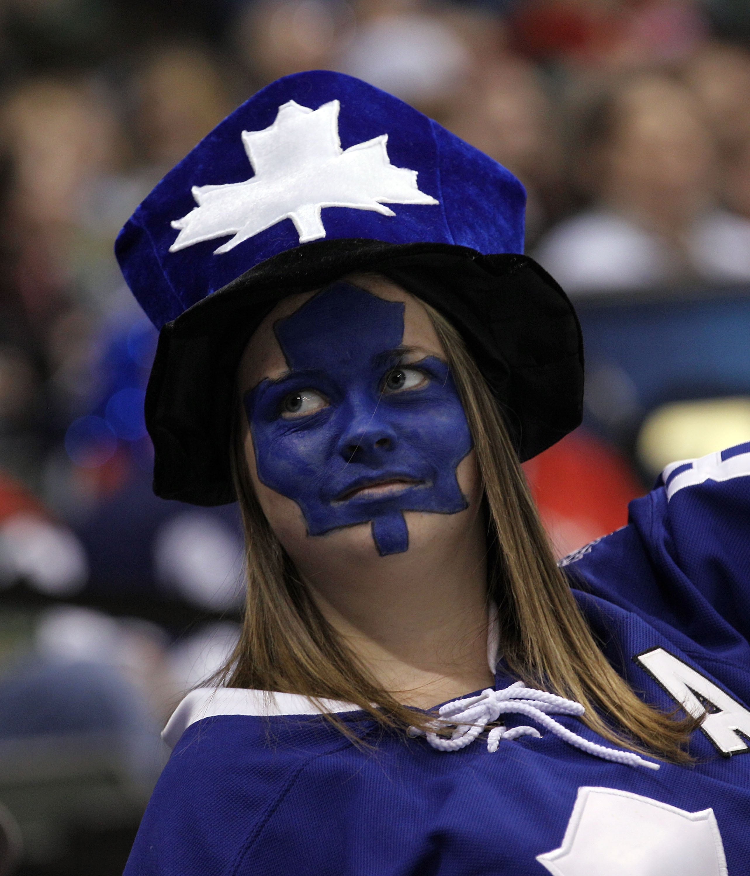 ST PAUL, MN - MARCH 22: A Toronto Maple Leafs fan celebrates the Leafs 3-0 shut out over the Minnesota Wild at the Xcel Energy Center on March 22, 2011 in St Paul, Minnesota. (Photo by Bruce Bennett/Getty Images)