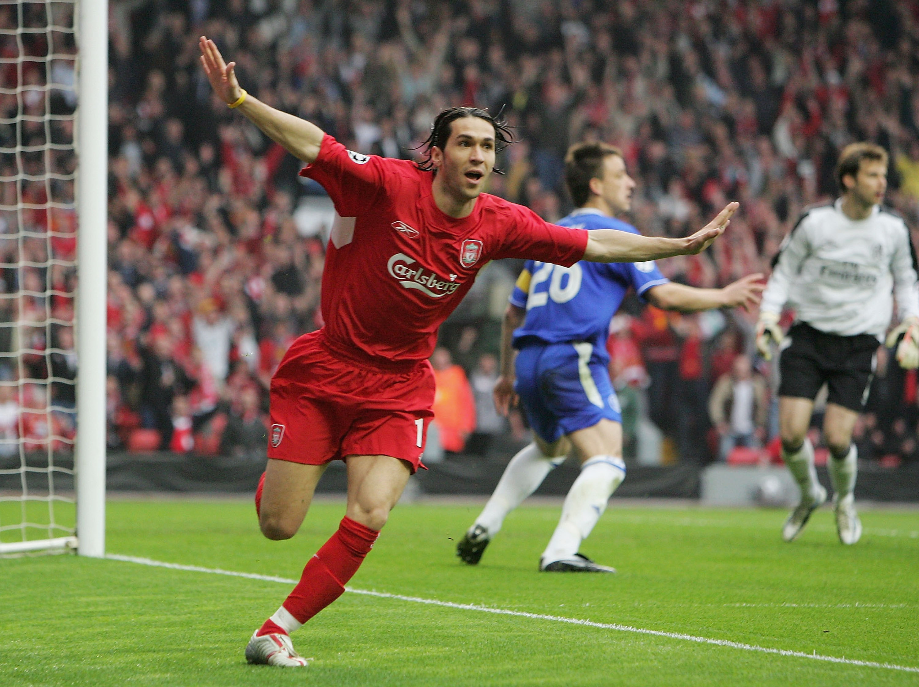 LIVERPOOL, ENGLAND - MAY 03: Luis Garcia of Liverpool celebrates scoring the opening goal during the UEFA Champions League semi-final second leg match between Liverpool and Chelsea at Anfield on May 3, 2005 in Liverpool, England. (Photo by Laurence Griffi