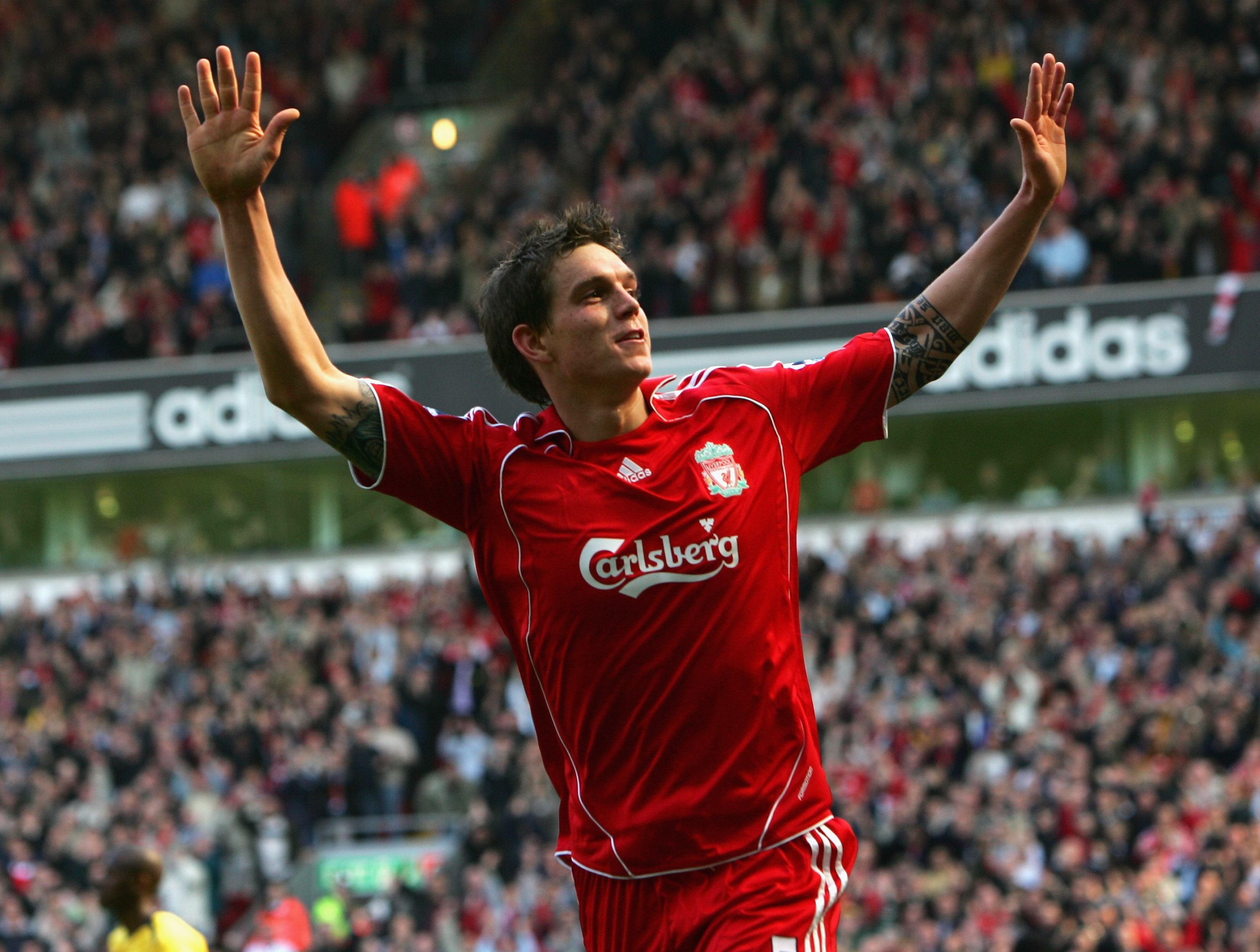 LIVERPOOL, UNITED KINGDOM - MARCH 31:  Daniel Agger of Liverpool celebrates scoring his team's third goal during the Barclays Premiership match between Liverpool and Arsenal at Anfield on March 31, 2007 in Liverpool, England.  (Photo by Alex Livesey/Getty