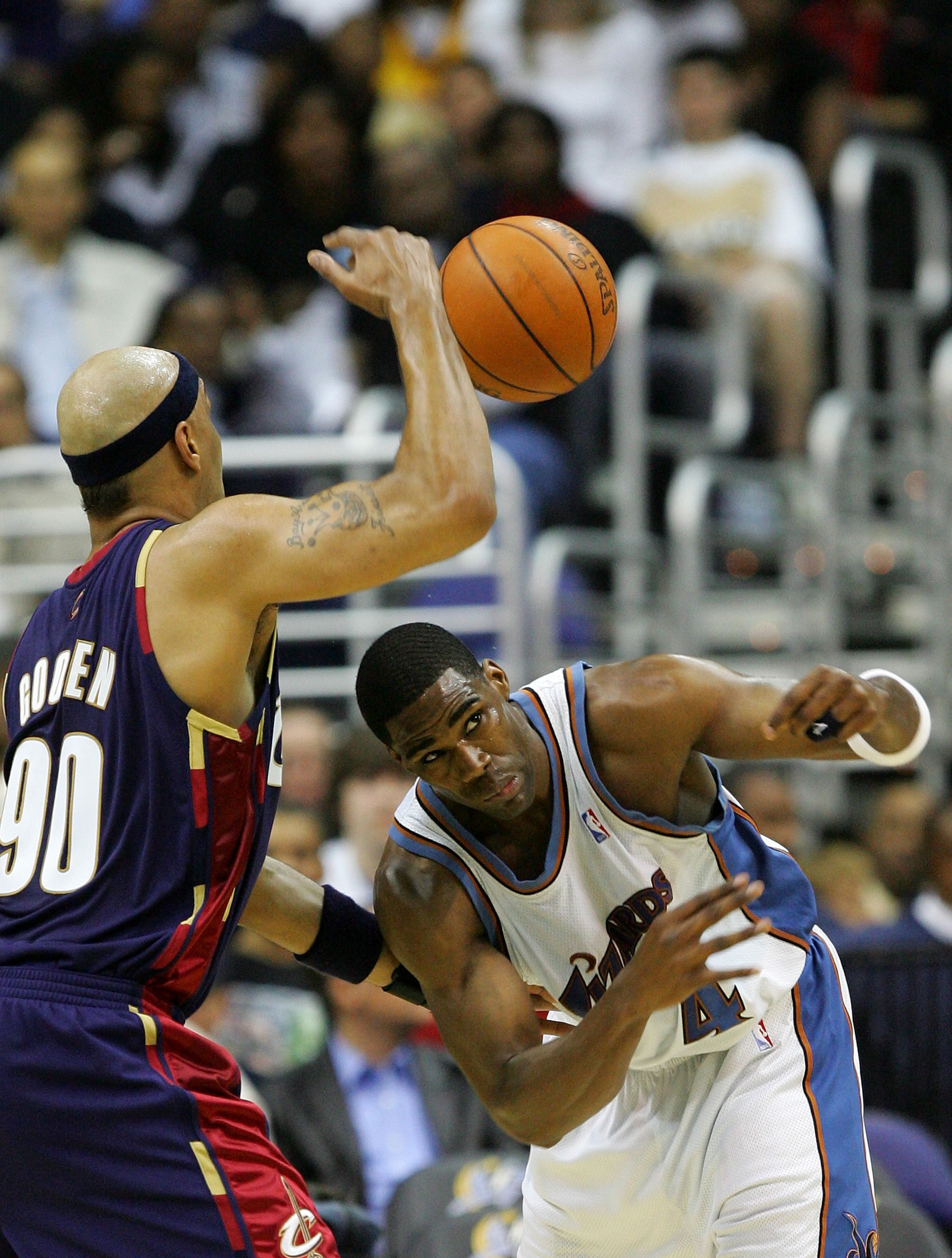 WASHINGTON - APRIL 28:  Drew Gooden #90 of the Cleveland Cavaliers knocks the ball away from Antawn Jamison #4 of the Washington Wizards in Game Three of the Eastern Conference Quarterfinals during the 2007 NBA Playoffs on April 28, 2007 at Verizon Center