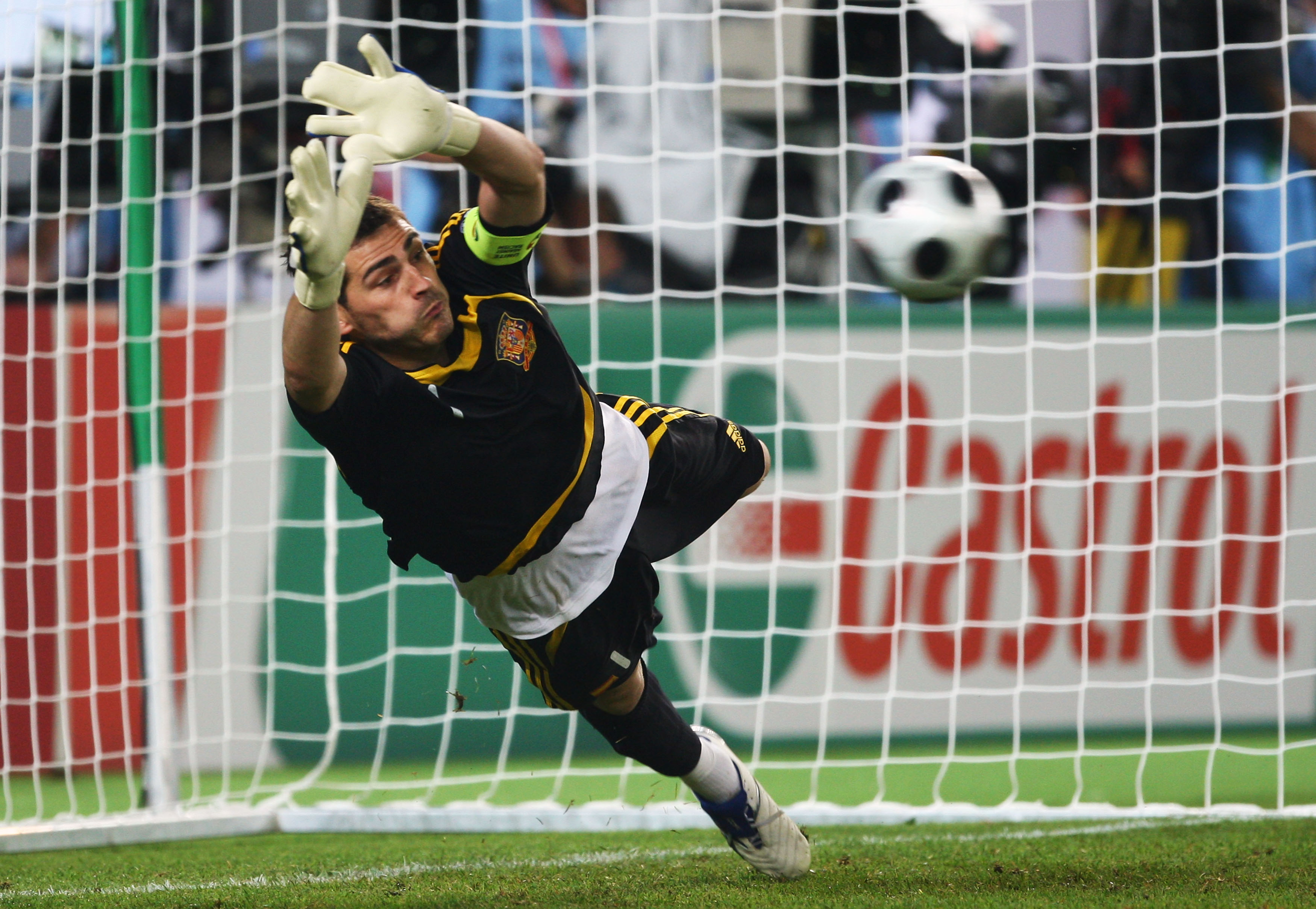 VIENNA, AUSTRIA - JUNE 22:  Goalkeeper Iker Casillas of Spain saves a penalty during the UEFA EURO 2008 Quarter Final match between Spain and Italy at Ernst Happel Stadion on June 22, 2008 in Vienna, Austria.  (Photo by Clive Mason/Getty Images)