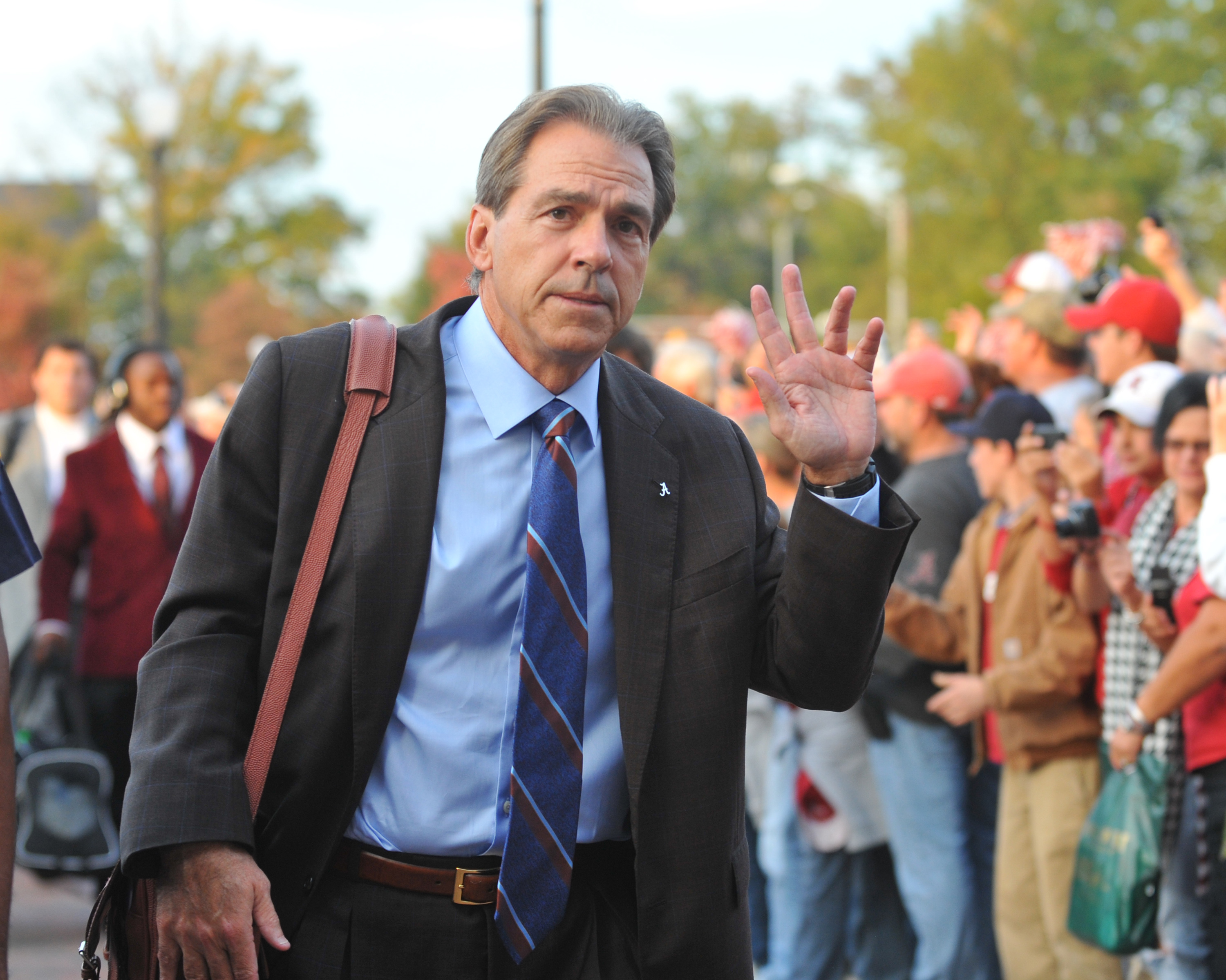 TUSCALOOSA, AL - NOVEMBER 13: Coach Nick Saban of the Alabama Crimson Tide enters the stadium before play against the Mississippi State Bulldogs November 13, 2010 at Bryant-Denny Stadium in Tuscaloosa, Alabama.  (Photo by Al Messerschmidt/Getty Images)