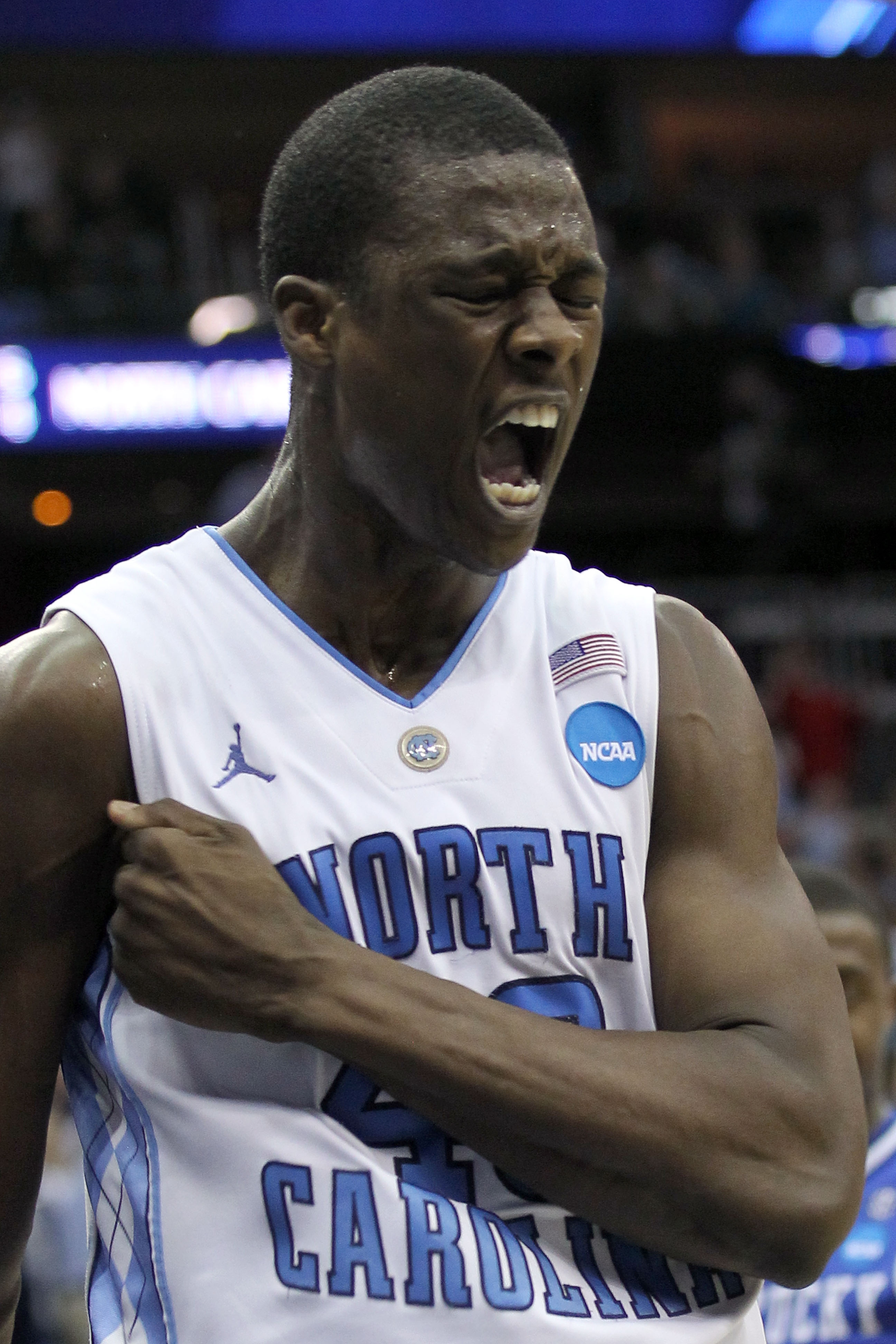 NEWARK, NJ - MARCH 27:  Harrison Barnes #40 of the North Carolina Tar Heels reacts after a play during the second half of the game against the Kentucky Wildcats in the east regional final of the 2011 NCAA men's basketball tournament at Prudential Center o