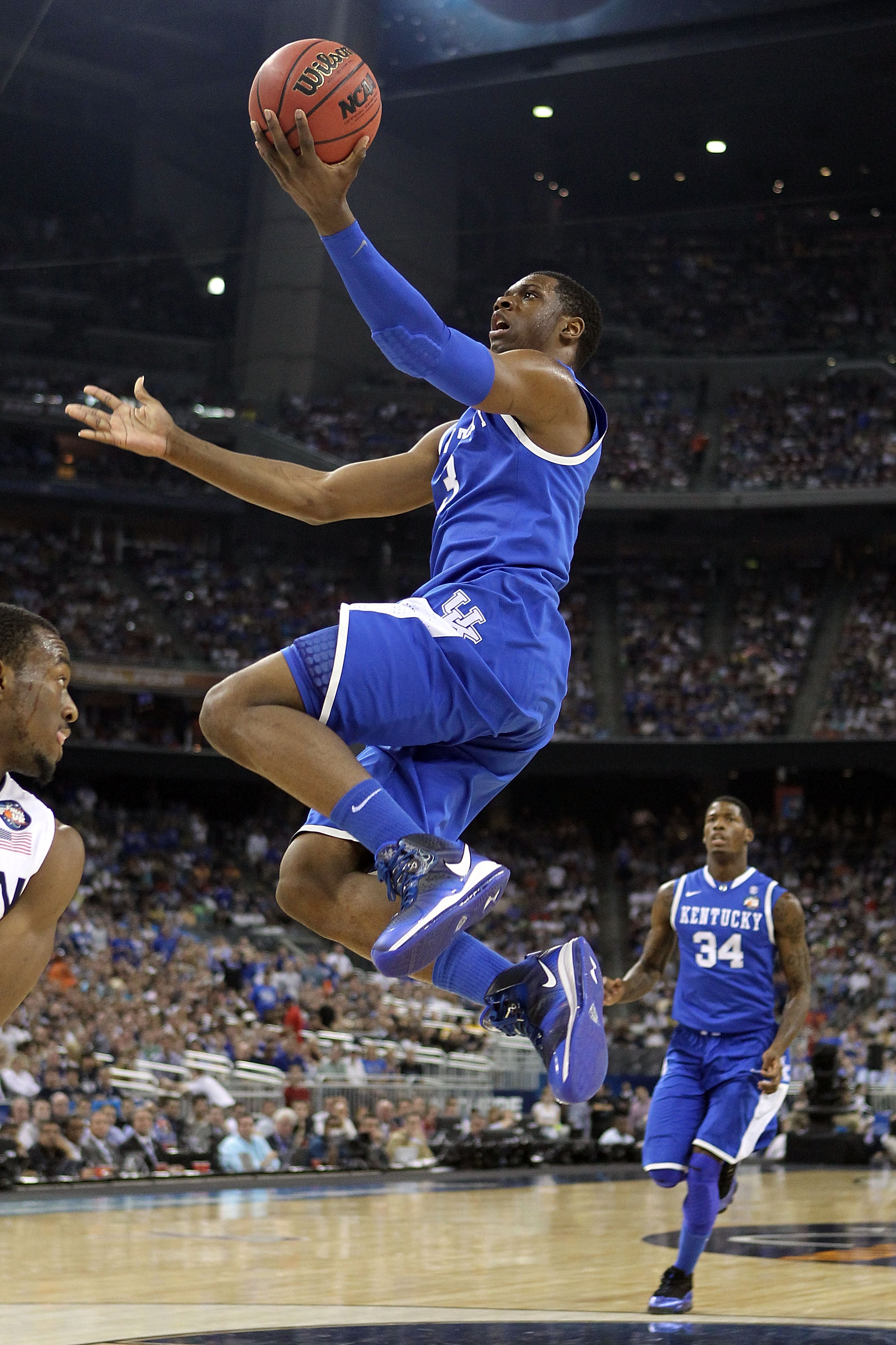 HOUSTON, TX - APRIL 02:  Terrence Jones #3 of the Kentucky Wildcats goes to the hoop against the Connecticut Huskies during the National Semifinal game of the 2011 NCAA Division I Men's Basketball Championship at Reliant Stadium on April 2, 2011 in Housto