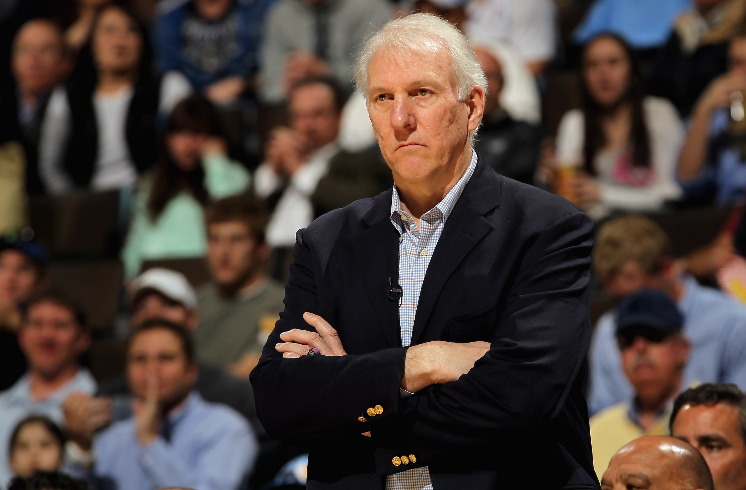 DENVER, CO - MARCH 23:  Head coach Gregg Popovich of the San Antonio Spurs looks on as he leads his team against the Denver Nuggets at the Pepsi Center on March 23, 2011 in Denver, Colorado. The Nuggets defeated the Spurs 115-112. NOTE TO USER: User expre