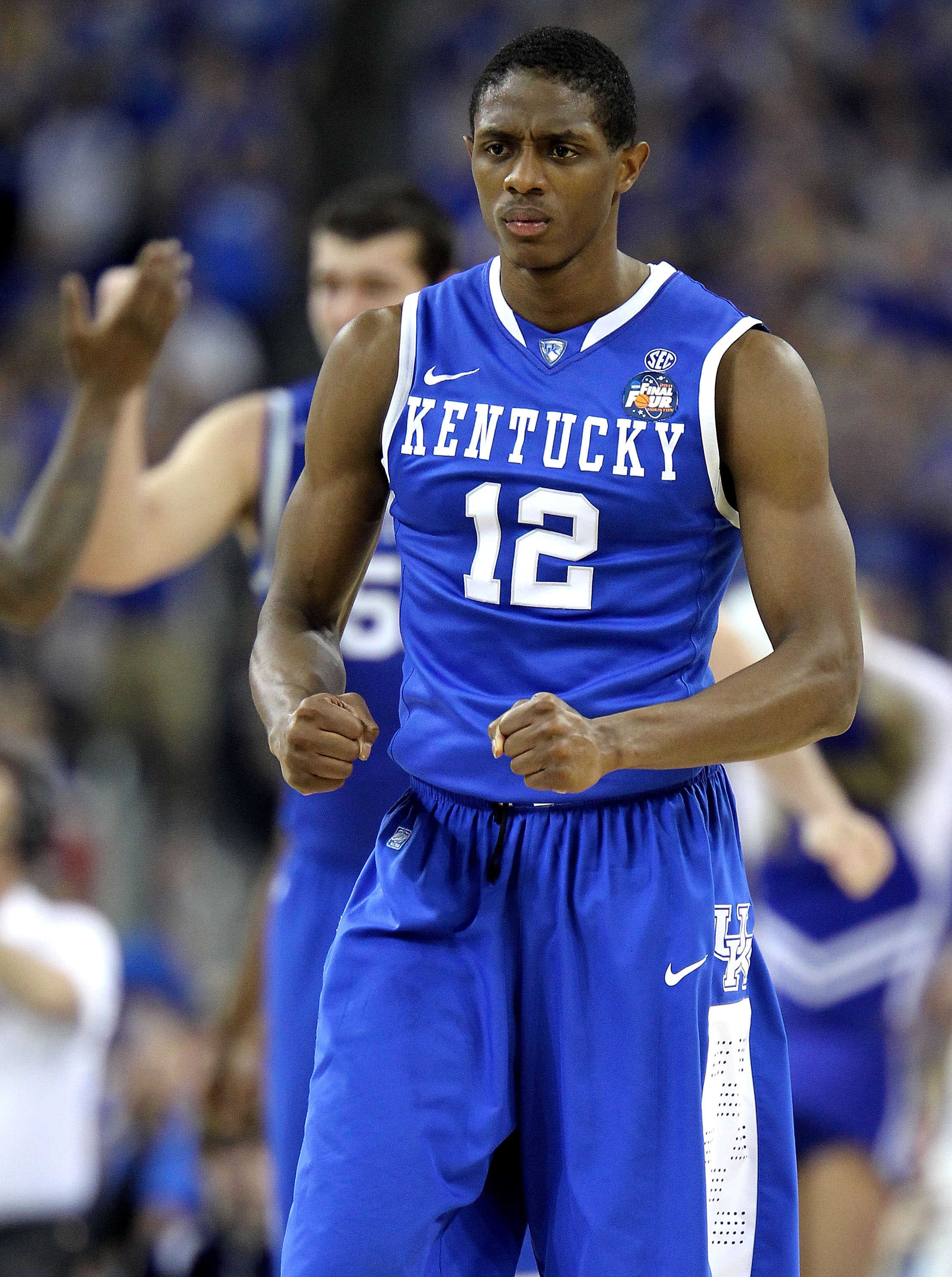 HOUSTON, TX - APRIL 02:  Brandon Knight #12 of the Kentucky Wildcats reacts against the Connecticut Huskies during the National Semifinal game of the 2011 NCAA Division I Men's Basketball Championship at Reliant Stadium on April 2, 2011 in Houston, Texas.
