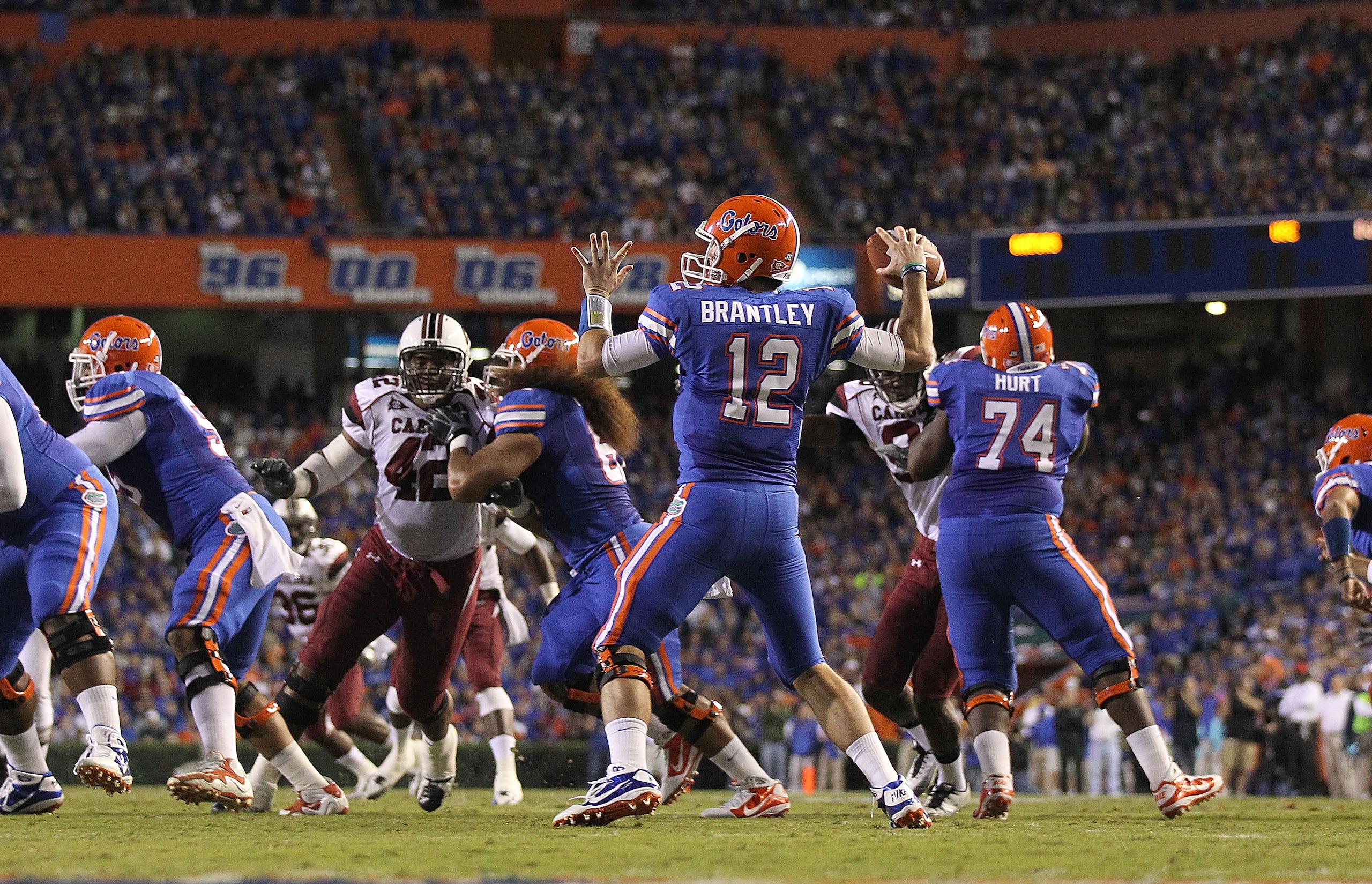 GAINESVILLE, FL - NOVEMBER 13:  John Brantley #12 of the Florida Gators passes during a game against the South Carolina Gamecocks at Ben Hill Griffin Stadium on November 13, 2010 in Gainesville, Florida.  (Photo by Mike Ehrmann/Getty Images)