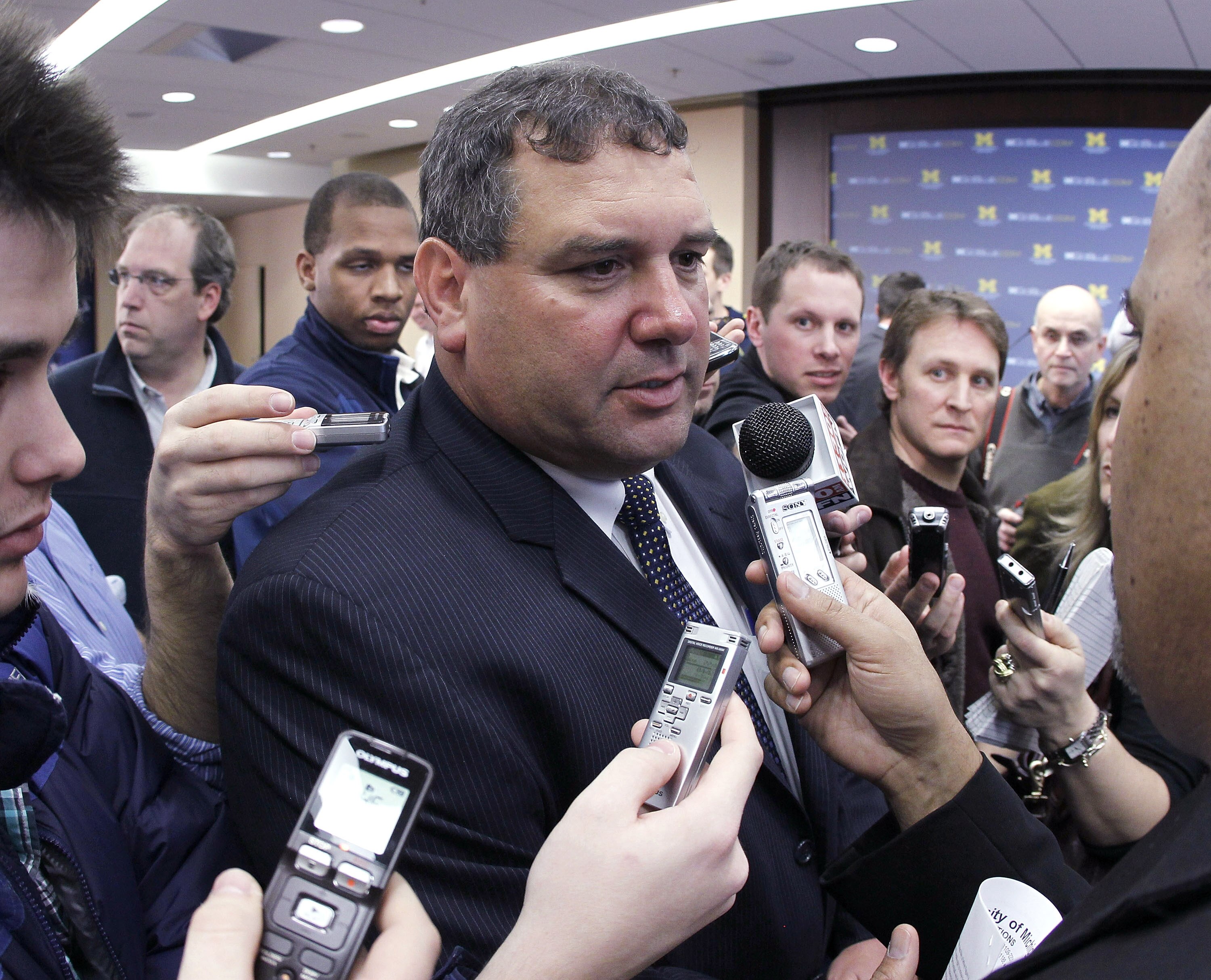 ANN ARBOR, MI - JANUARY 12:  New University of Michigan head football coach Brady Hoke speaks to reporters after his introductory press confrence at the Junge Family Champions Center on January 12, 2011 in Ann Arbor, Michigan.  (Photo by Gregory Shamus/Ge