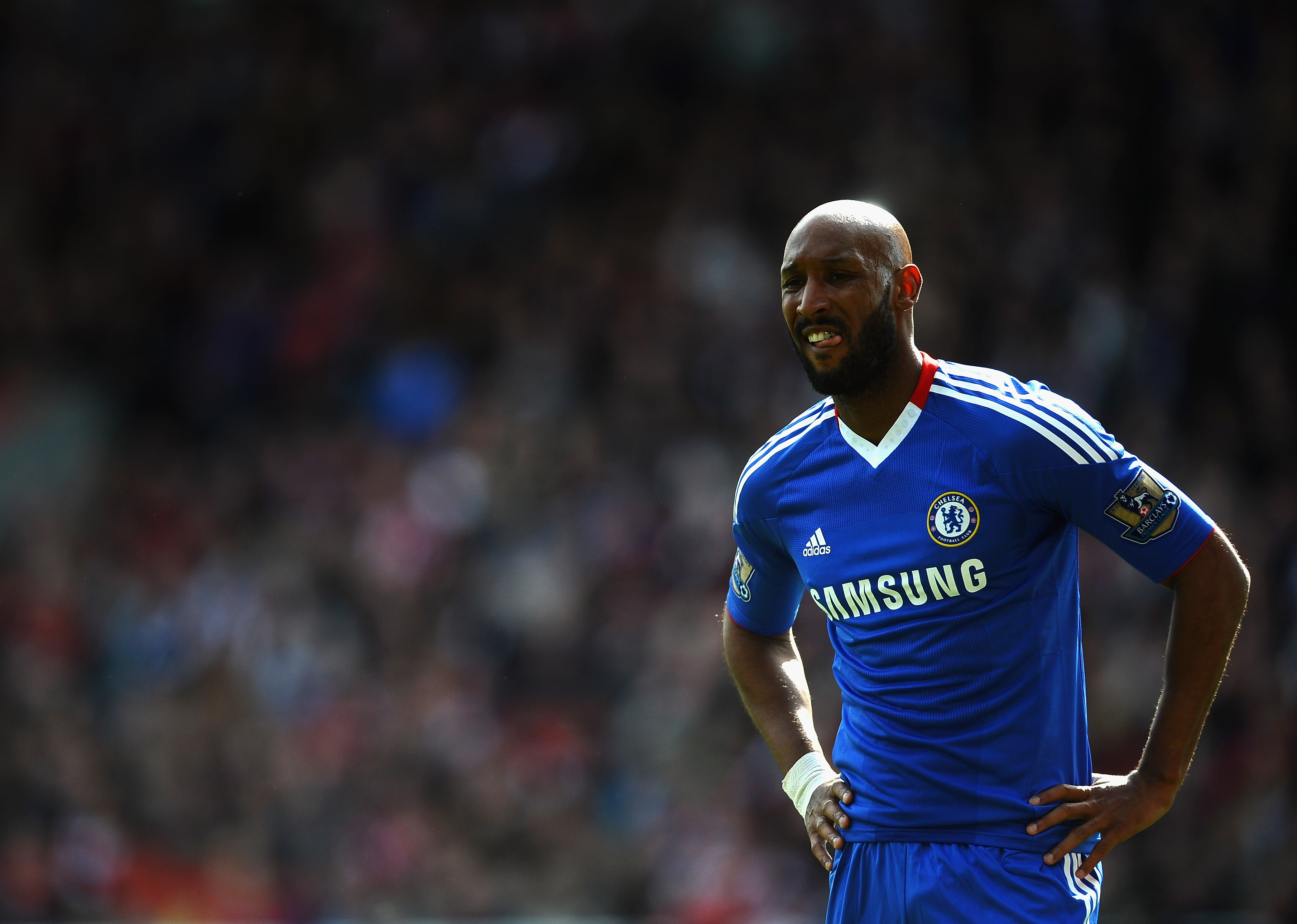 STOKE ON TRENT, ENGLAND - APRIL 02: Nicolas Anelka of Chelsea shows his frustrations during the Barclays Premier League match between Stoke City and Chelsea at Britannia Stadium on April 2, 2011 in Stoke on Trent, England.  (Photo by Laurence Griffiths/Ge