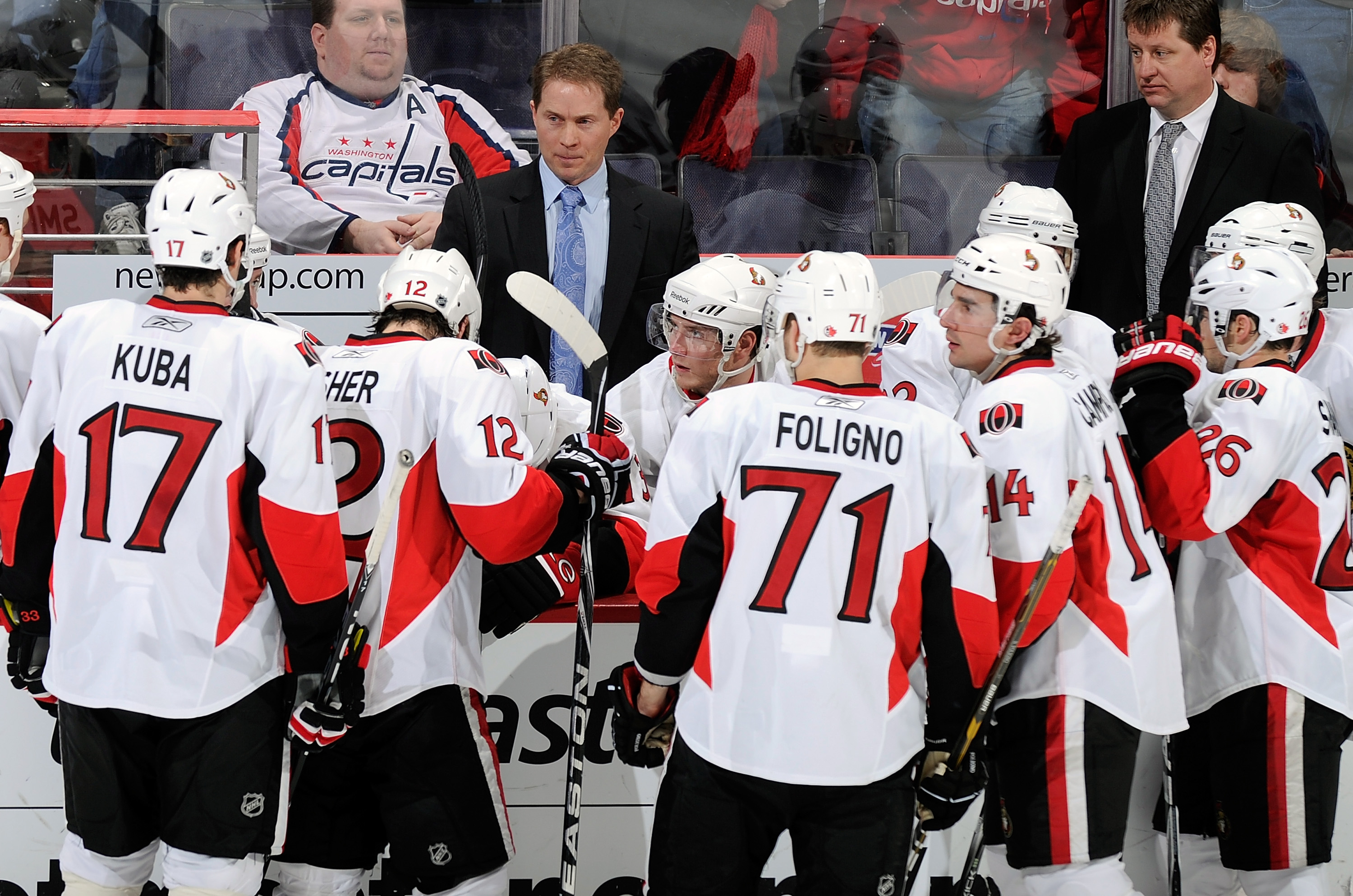 WASHINGTON, DC - JANUARY 16:  Head coach Cory Clouston of the Ottawa Senators talks to his team during a timeout in the game against the Washington Capitals at the Verizon Center on January 16, 2011 in Washington, DC.  (Photo by Greg Fiume/Getty Images)