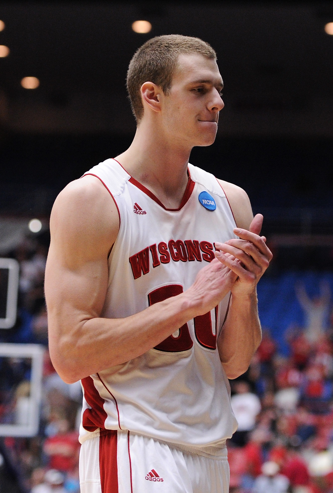 TUCSON, AZ - MARCH 19:  Jon Leuer #30 of the Wisconsin Badgers celebrates during their game against the Kansas State Wildcats during the third round of the 2011 NCAA men's basketball tournament at McKale Center on March 19, 2011 in Tucson, Arizona.  (Phot