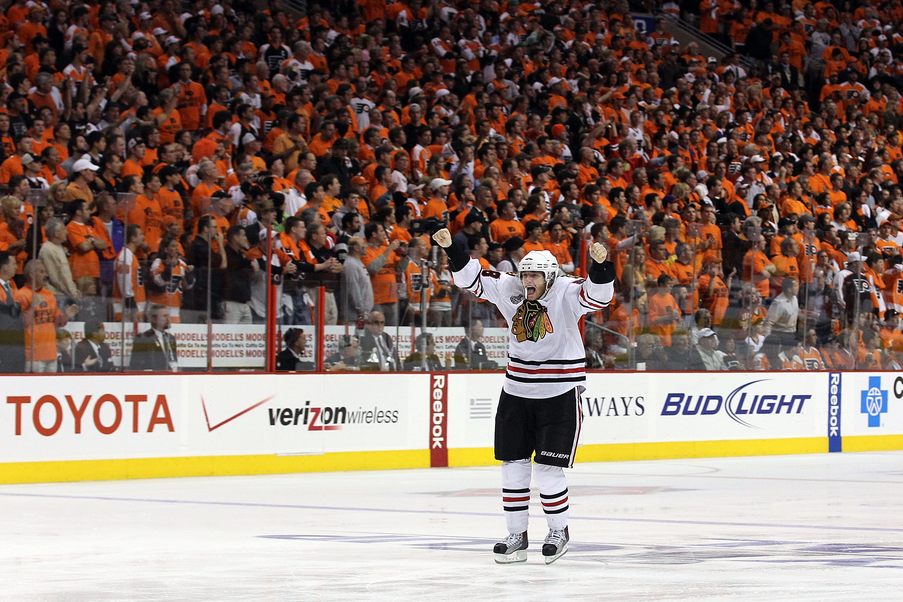 PHILADELPHIA - JUNE 09:  Patrick Kane #88 of the Chicago Blackhawks celebrates after scoring the game-winning goal in overtime to defeat the Philadelphia Flyers 4-3 and win the Stanley Cup in Game Six of the 2010 NHL Stanley Cup Final at the Wachovia Cent