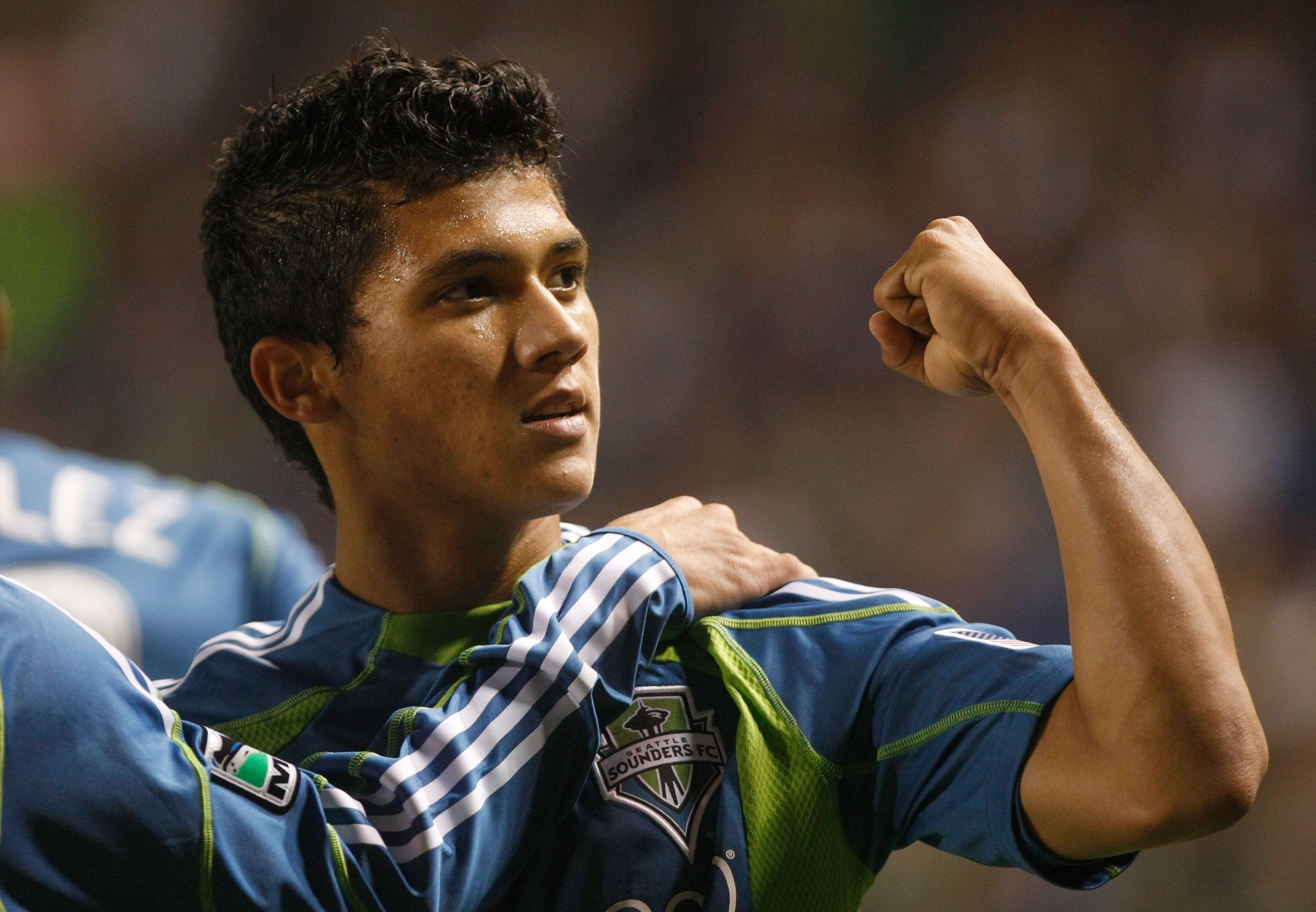 CARSON, CA - AUGUST 15:  Fredy Montero #17 of the Seattle Sounders FC celebrates a goal against the Los Angeles Galaxy at the Home Depot Center on August 15, 2009 in Carson, California. The Sounders FC defeated the Galaxy 2-0.  (Photo by Jeff Gross/Getty