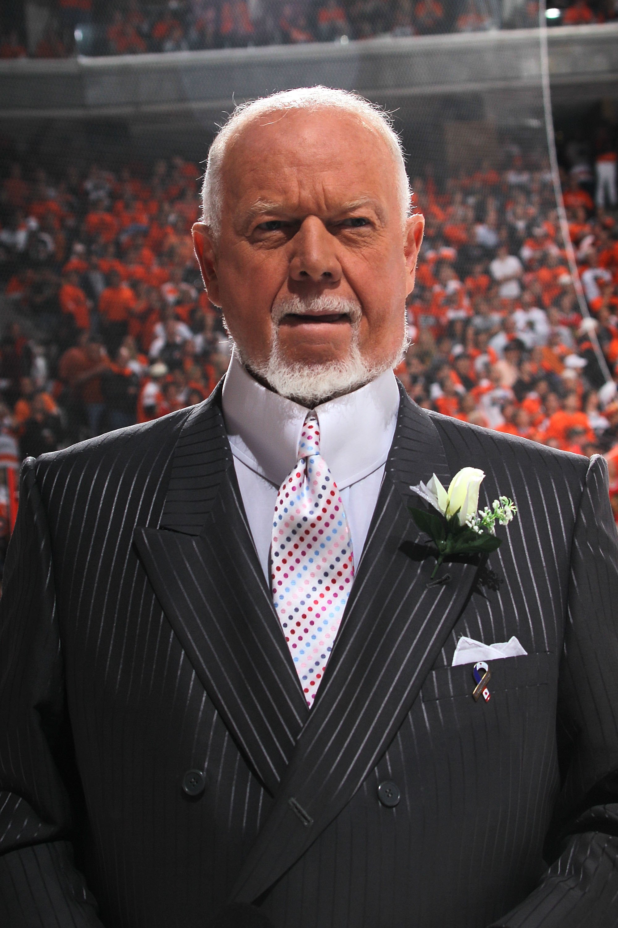 PHILADELPHIA - JUNE 09:  CBC sportscaster Don Cherry reports before Game Six of the 2010 NHL Stanley Cup Final between the Chicago Blackhawks and the Philadelphia Flyers at the Wachovia Center on June 9, 2010 in Philadelphia, Pennsylvania.  (Photo by Bruc