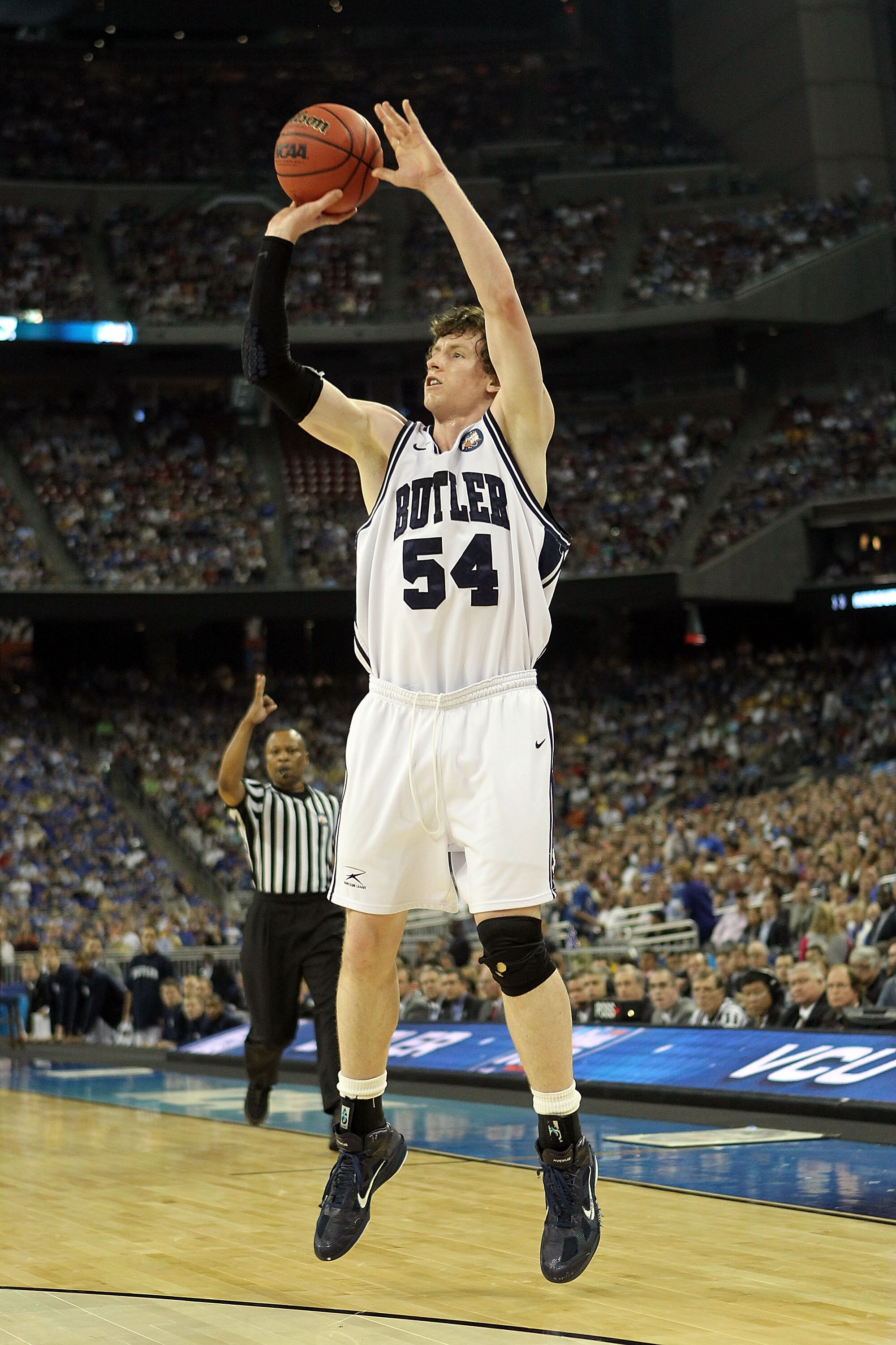 HOUSTON, TX - APRIL 02:  Matt Howard #54 of the Butler Bulldogs shoot the ball against the Virginia Commonwealth Rams during the National Semifinal game of the 2011 NCAA Division I Men's Basketball Championship at Reliant Stadium on April 2, 2011 in Houst