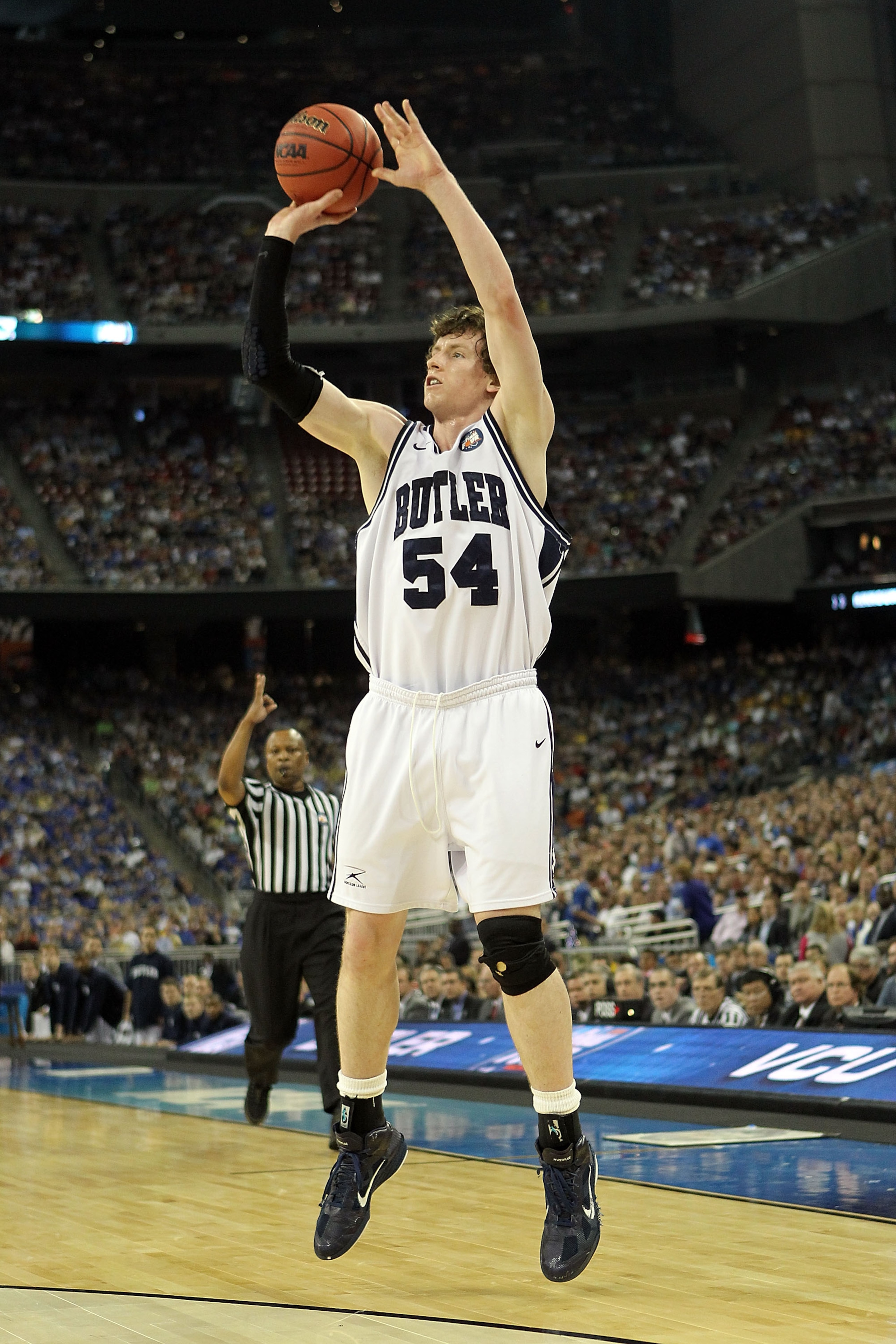 HOUSTON, TX - APRIL 02:  Matt Howard #54 of the Butler Bulldogs shoot the ball against the Virginia Commonwealth Rams during the National Semifinal game of the 2011 NCAA Division I Men's Basketball Championship at Reliant Stadium on April 2, 2011 in Houst
