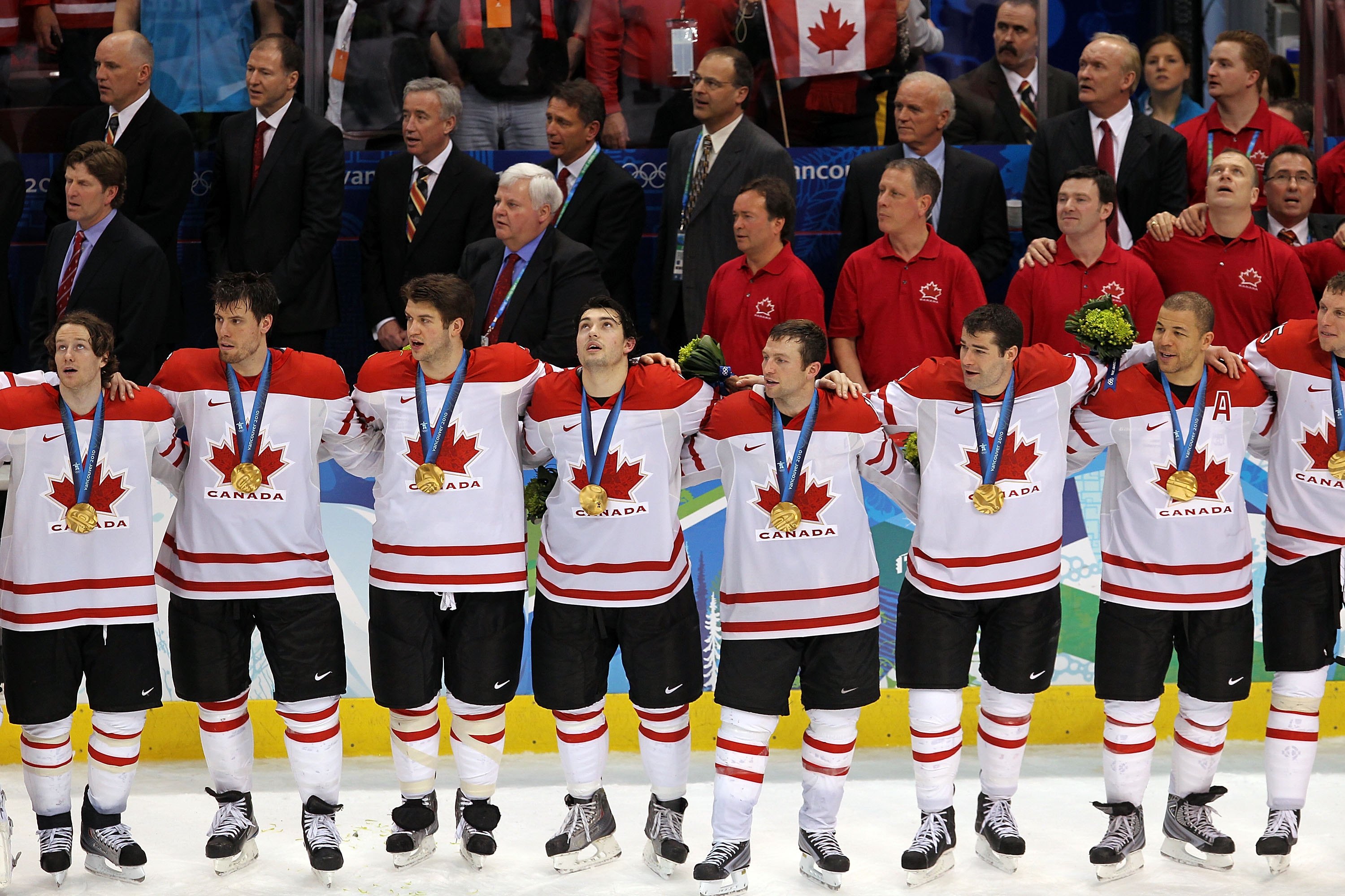 VANCOUVER, BC - FEBRUARY 28:  (L-R) Duncan Smith #2, Shea Weber #6, Brent Seabrook #7, Drew Doughty #8, Brenden Morrow #10, Patrick Marleau #11, Jarome Iginla #12 and Dany Heatley #15 of Canada stand together during the playing of the Canadian National An