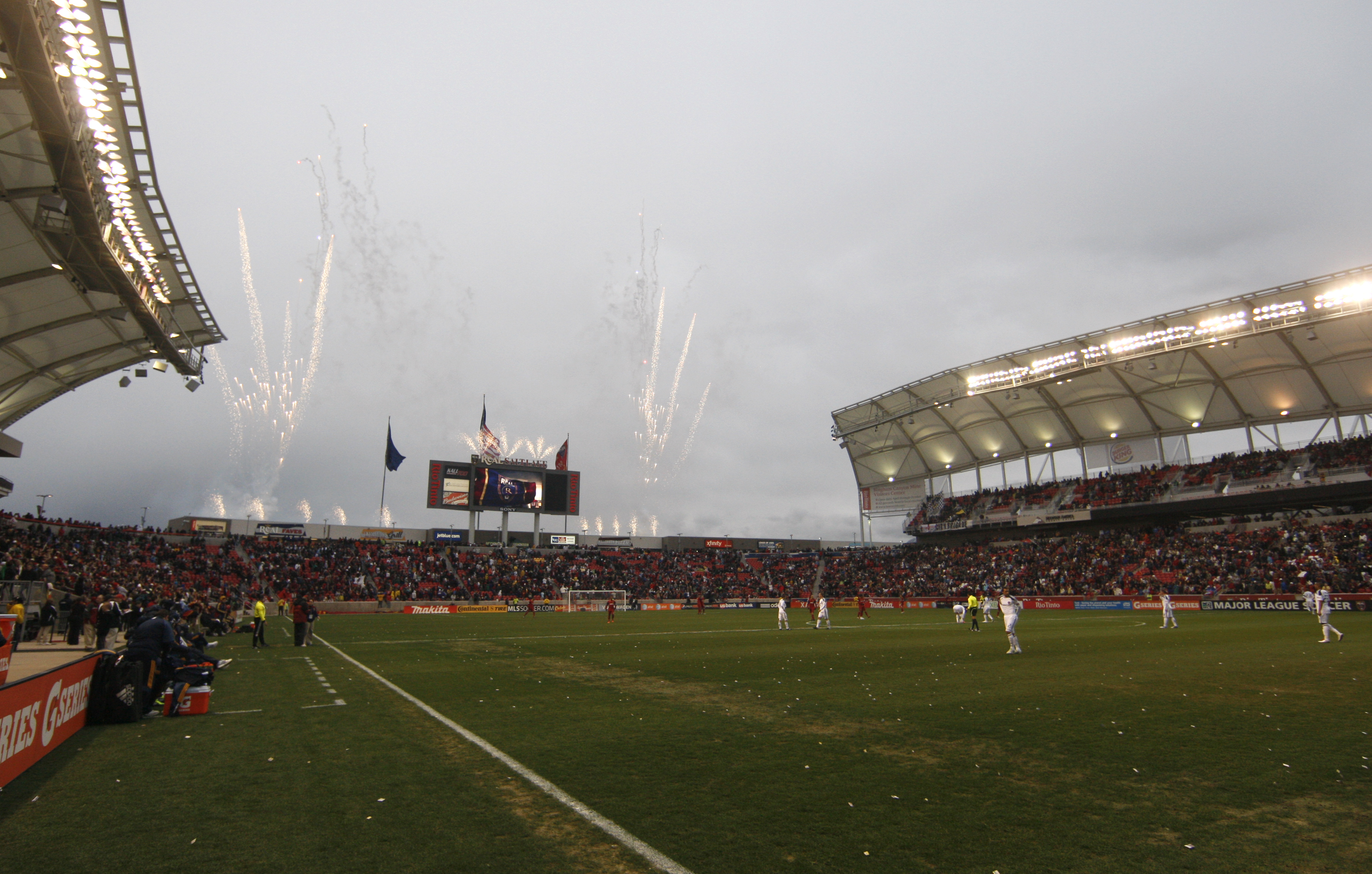 SANDY, UT - MARCH 26: Fireworks go off before a sold-out crowd of 20,000 at a game against Real Salt Lake and the Los Angeles Galaxy at an MLS soccer game March 26, 2011 at Rio Tinto Stadium in Sandy, Utah. (Photo by George Frey/Getty Images)
