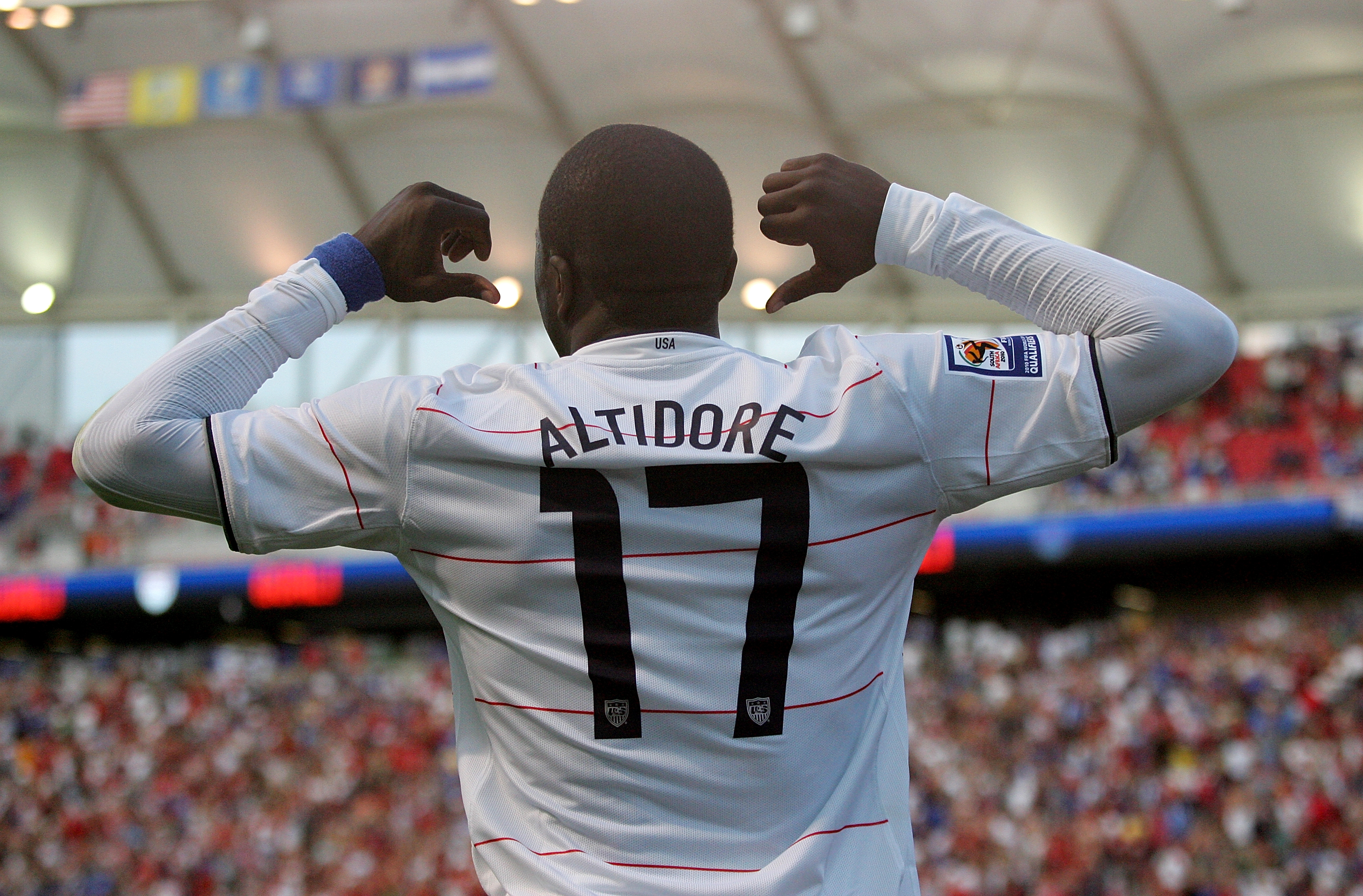 SANDY, UT - SEPTEMBER 05:  Jozy Altidore #17 of the United States celebrates scoring a goal in the second half that was later disallowed for a foul  during the FIFA 2010 World Cup Qualifier match between the United States and El Salvador at Rio Tinto Stad