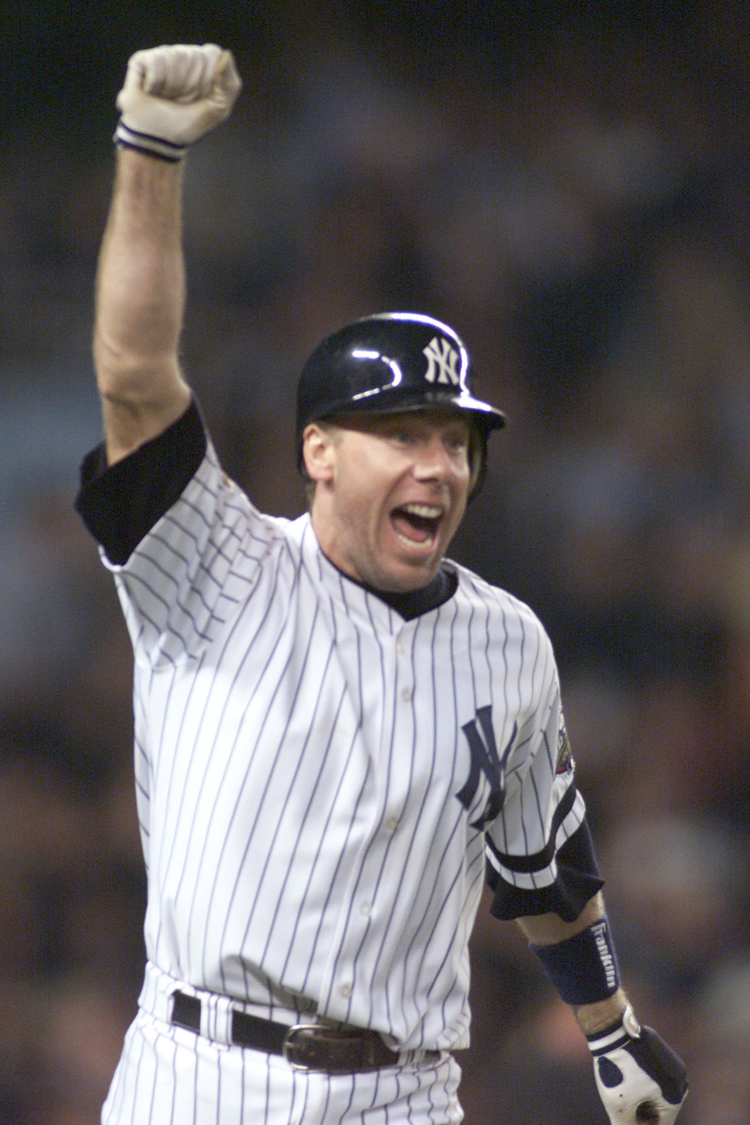 1 Nov 2001:  Scott Brosius #18 third baseman for the New York Yankees celebrates his game tying two run home run with two outs in the bottom of the ninth in game five of the 2001 World Series versus the Arizona Diamondbacks at Yankee Stadium in New York,