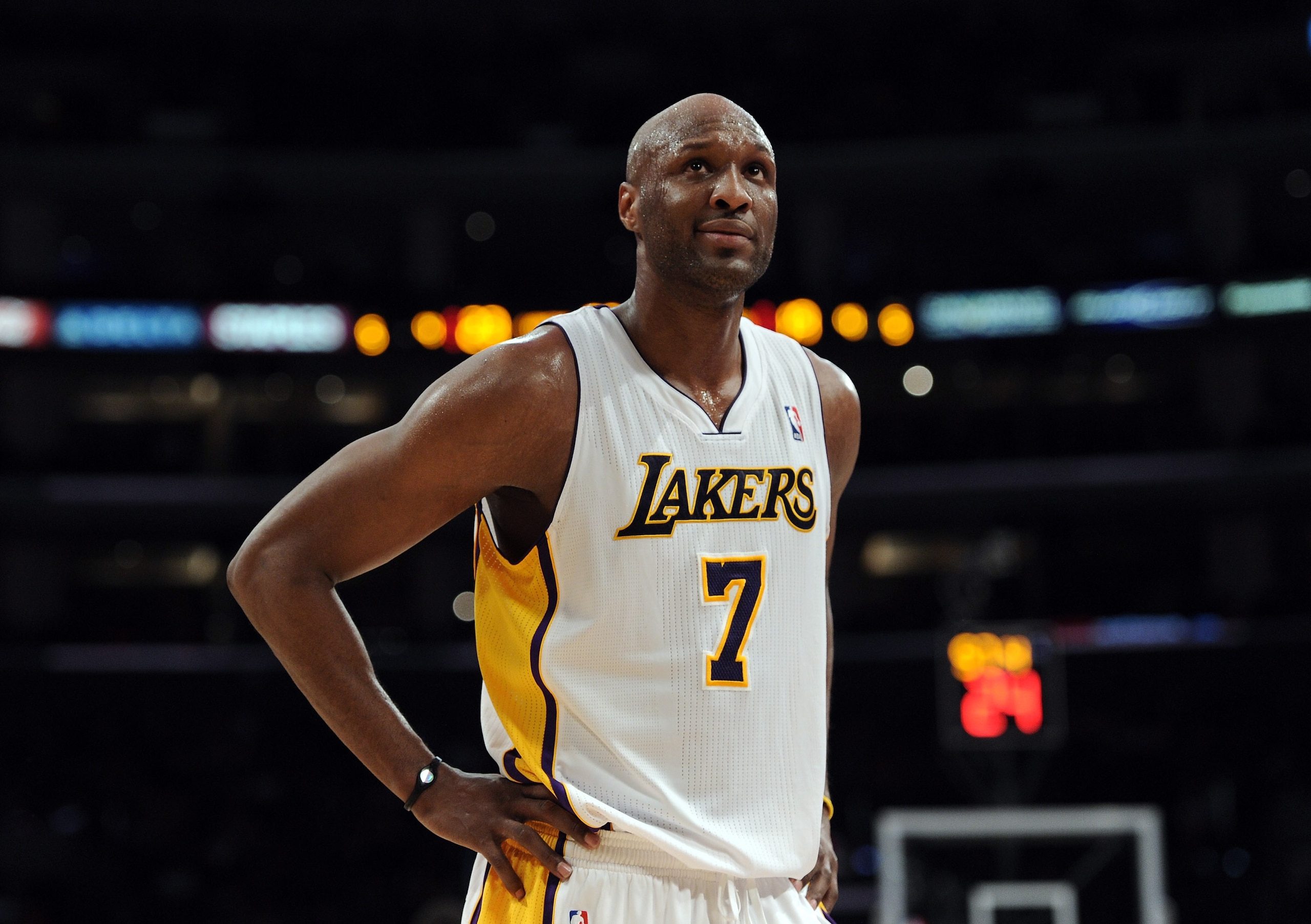 LOS ANGELES, CA - MARCH 20:  Lamar Odom #7 of the Los Angeles Lakers reacts as his team is called for a foul during the game against the Portland Trail Blazers at the Staples Center on March 20, 2011 in Los Angeles, California.  NOTE TO USER: User express