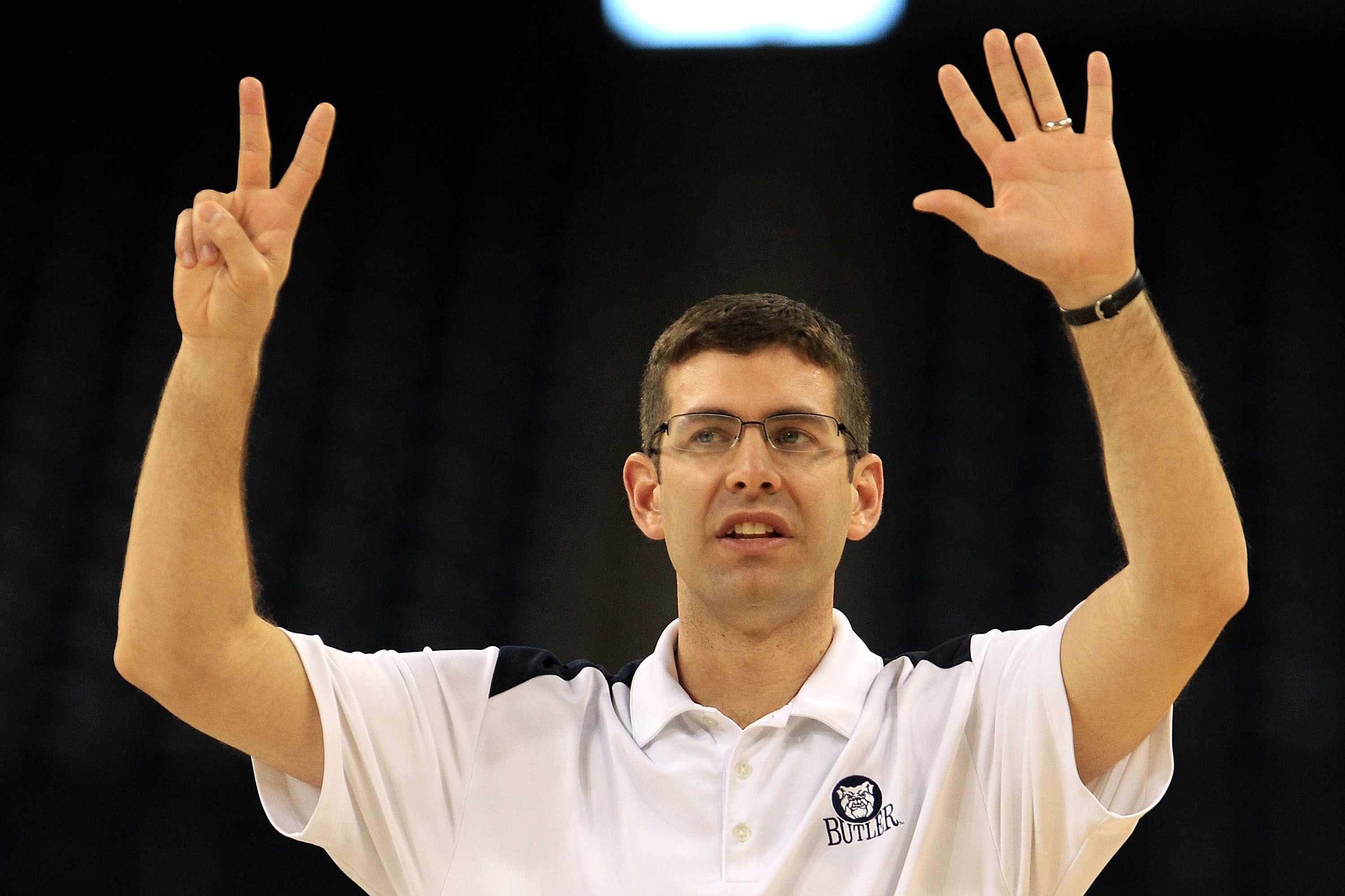 HOUSTON, TX - APRIL 01: Head coach Brad Stevens of the Butler Bulldogs reacts during practice prior to the 2011 Final Four of the NCAA Division I Men's Basketball Tournament at Reliant Stadium on April 1, 2011 in Houston, Texas. (Photo by Streeter Lecka