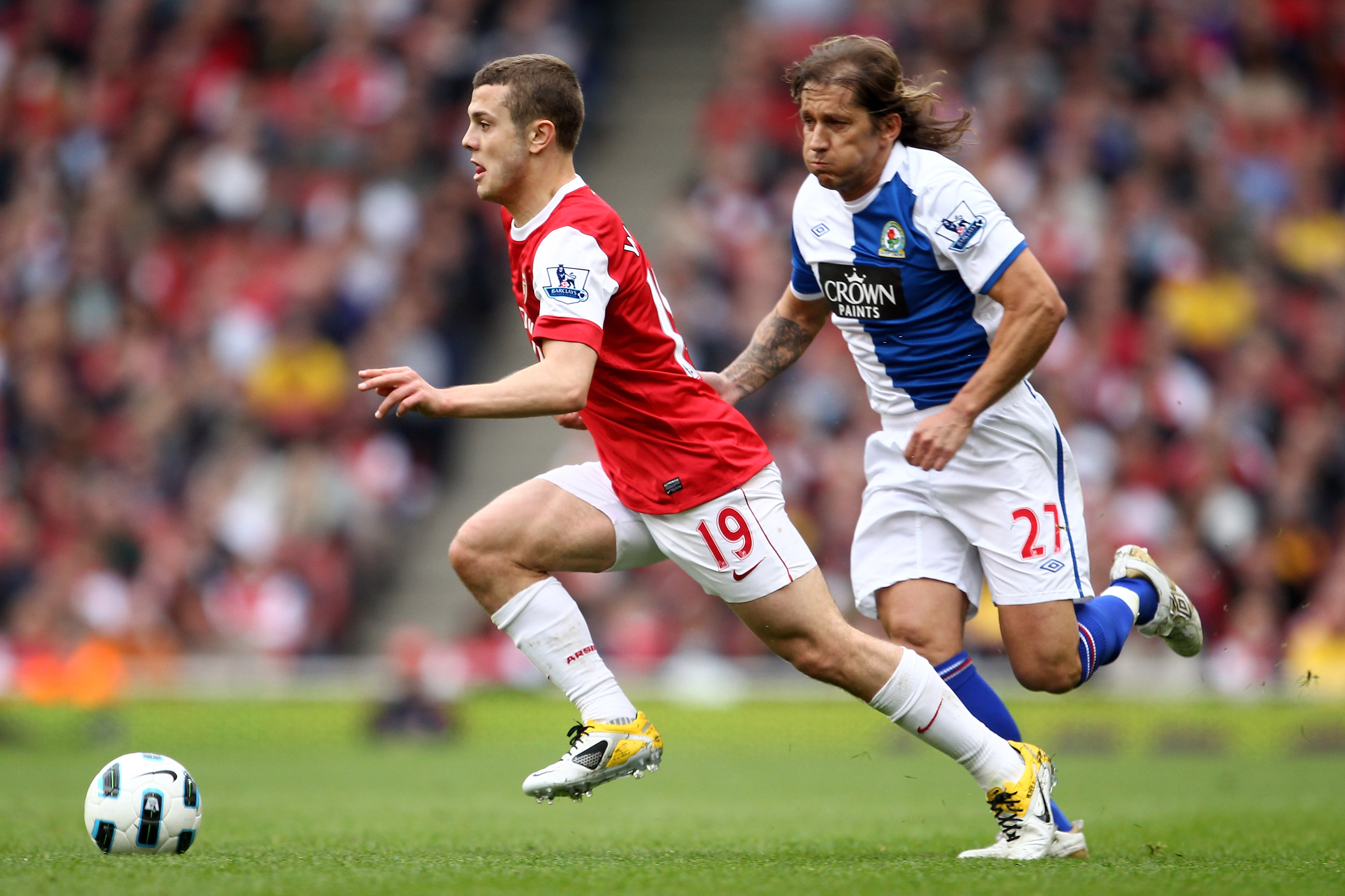 LONDON, ENGLAND - APRIL 02:  Michel Salgado of Blackburn pursues Jack Wilshere of Arsenal during the Barclays Premier League match between Arsenal and Blackburn Rovers at the Emirates Stadium on April 2, 2011 in London, England.  (Photo by Julian Finney/G