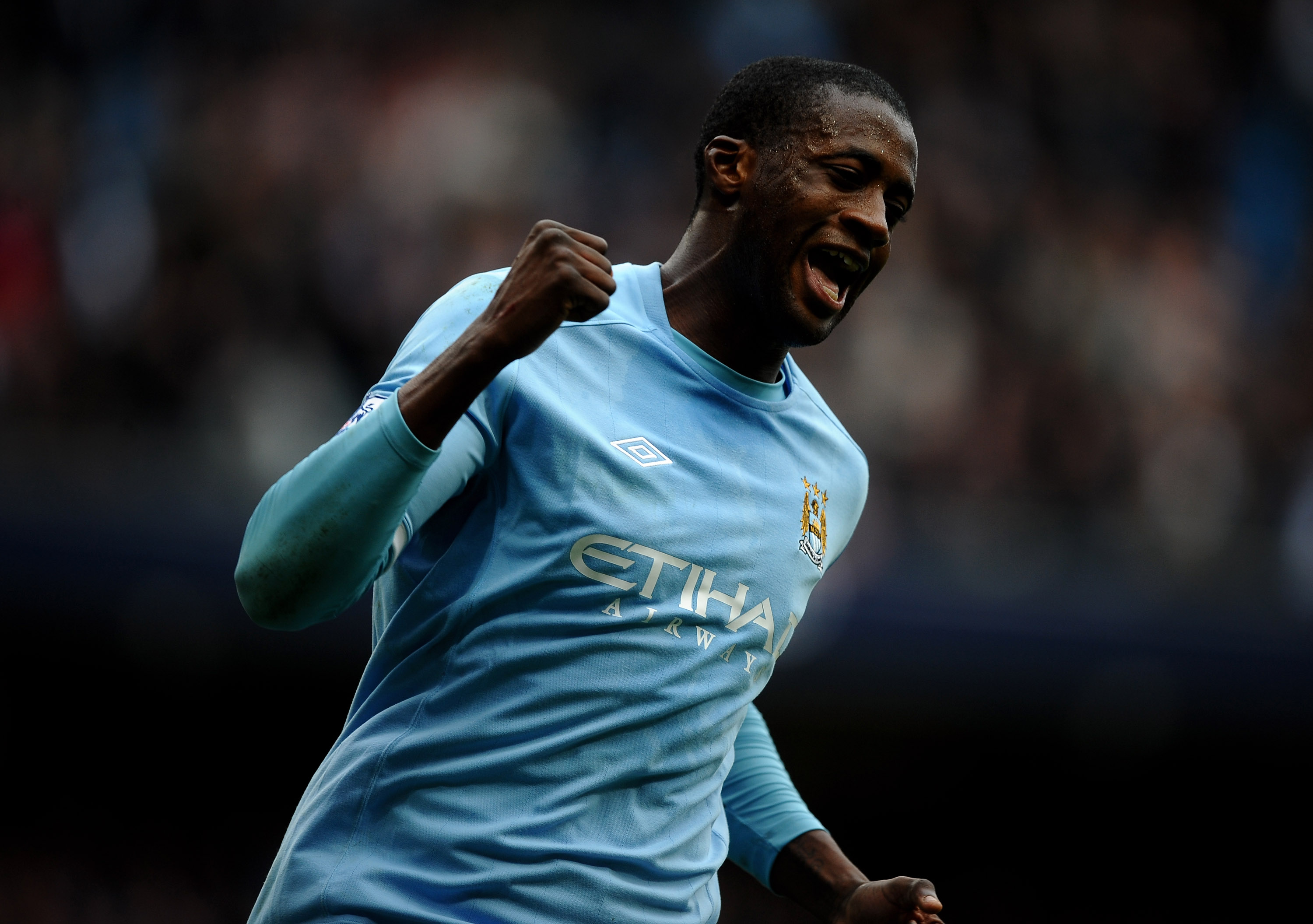 MANCHESTER, ENGLAND - APRIL 03:  Yaya Toure of Manchester City celebrates scoring his team's fifth goal during the Barclays Premier League match between Manchester City and Sunderland at the City of Manchester Stadium on April 3, 2011 in Manchester, Engla