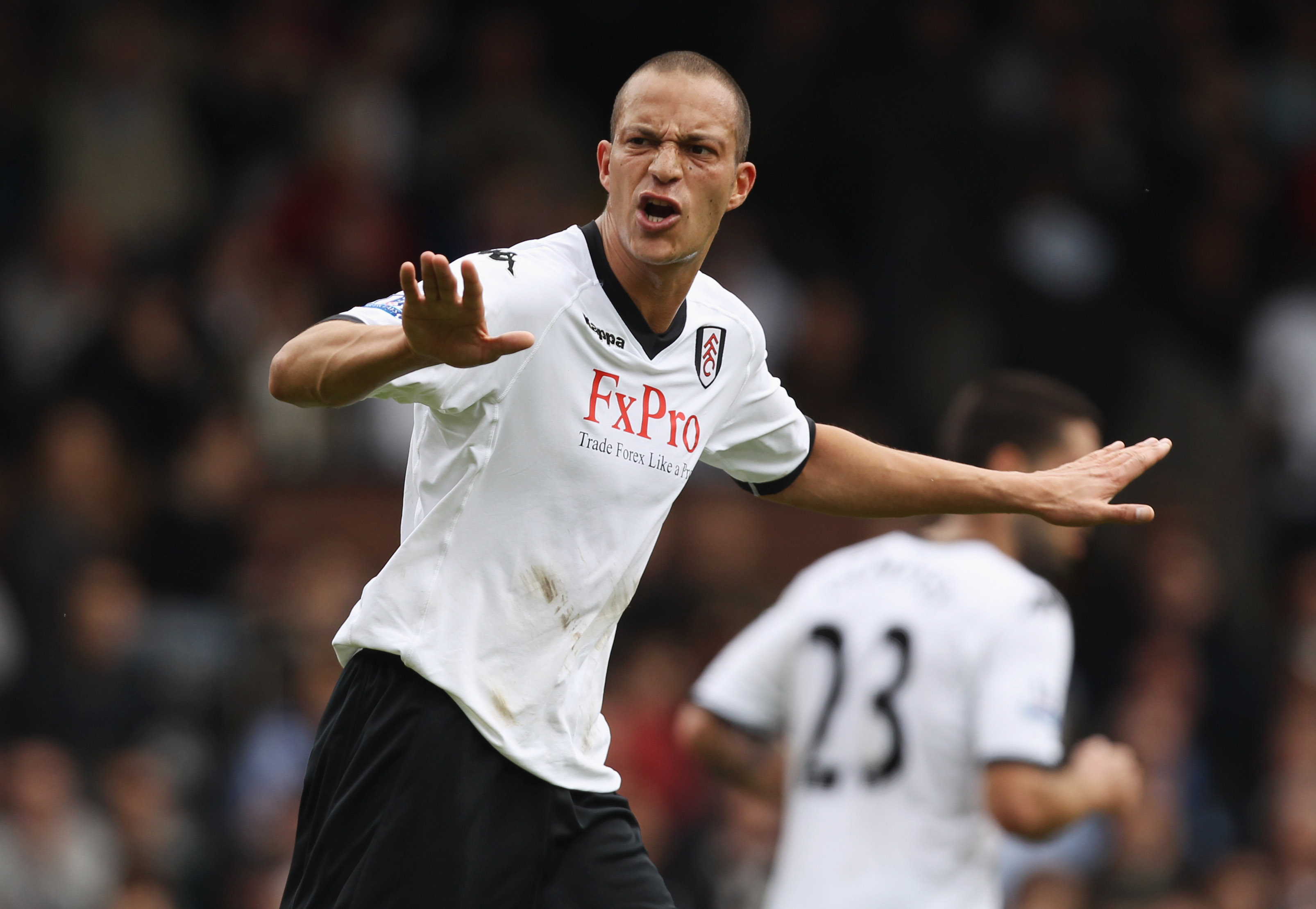 LONDON, ENGLAND - APRIL 03:  Bobby Zamora of Fulham gestures during the Barclays Premier League match between Fulham and Blackpool at Craven Cottage on April 3, 2011 in London, England.  (Photo by Ian Walton/Getty Images)