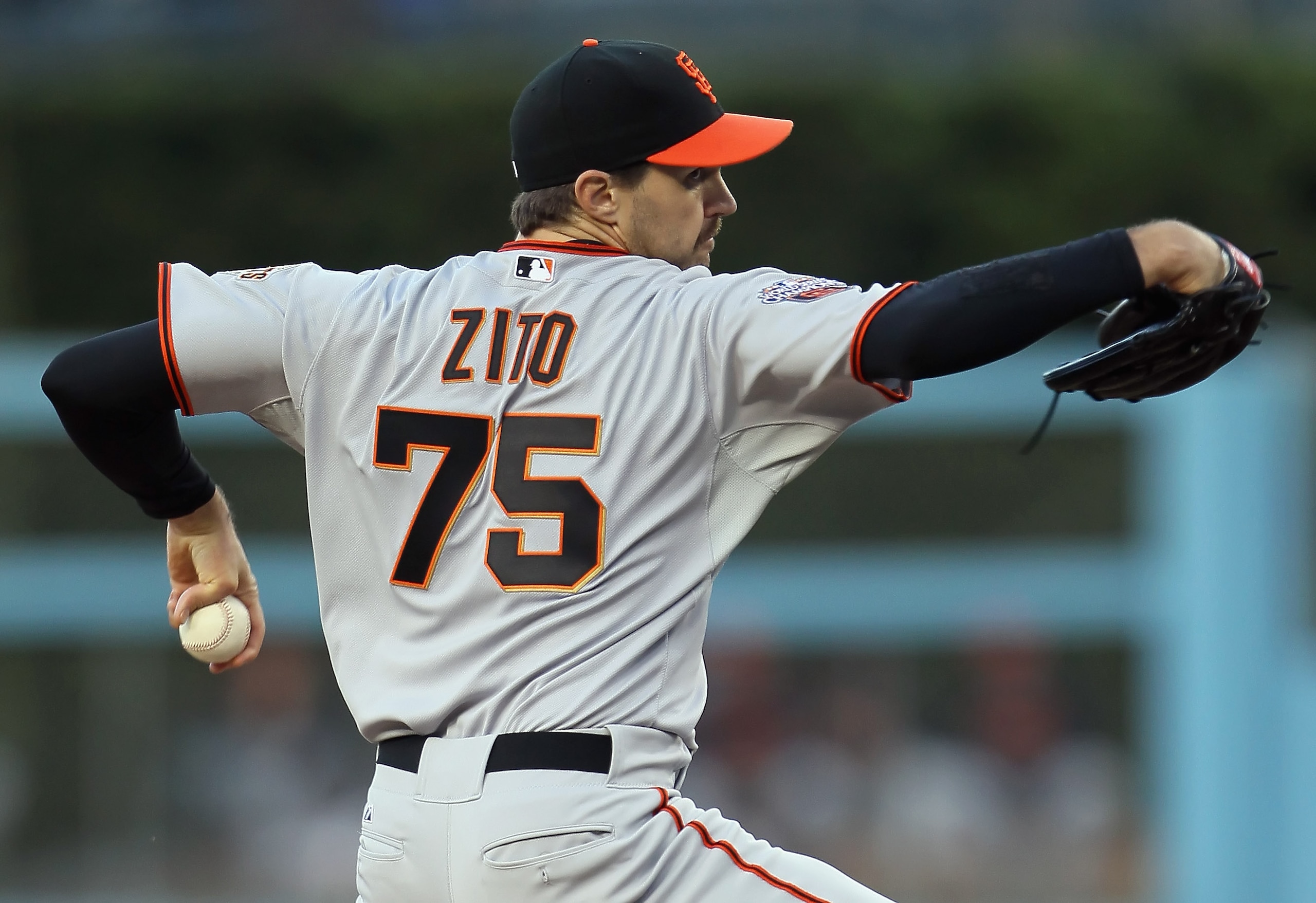 LOS ANGELES, CA - APRIL 03:  Barry Zito #75 of the San Francisco Giants pitches against the Los Angeles Dodgers in the fifth inning at Dodger Stadium on April 3, 2011 in Los Angeles, California. The Dodgers defeated the Giants 7-5.  (Photo by Jeff Gross/G