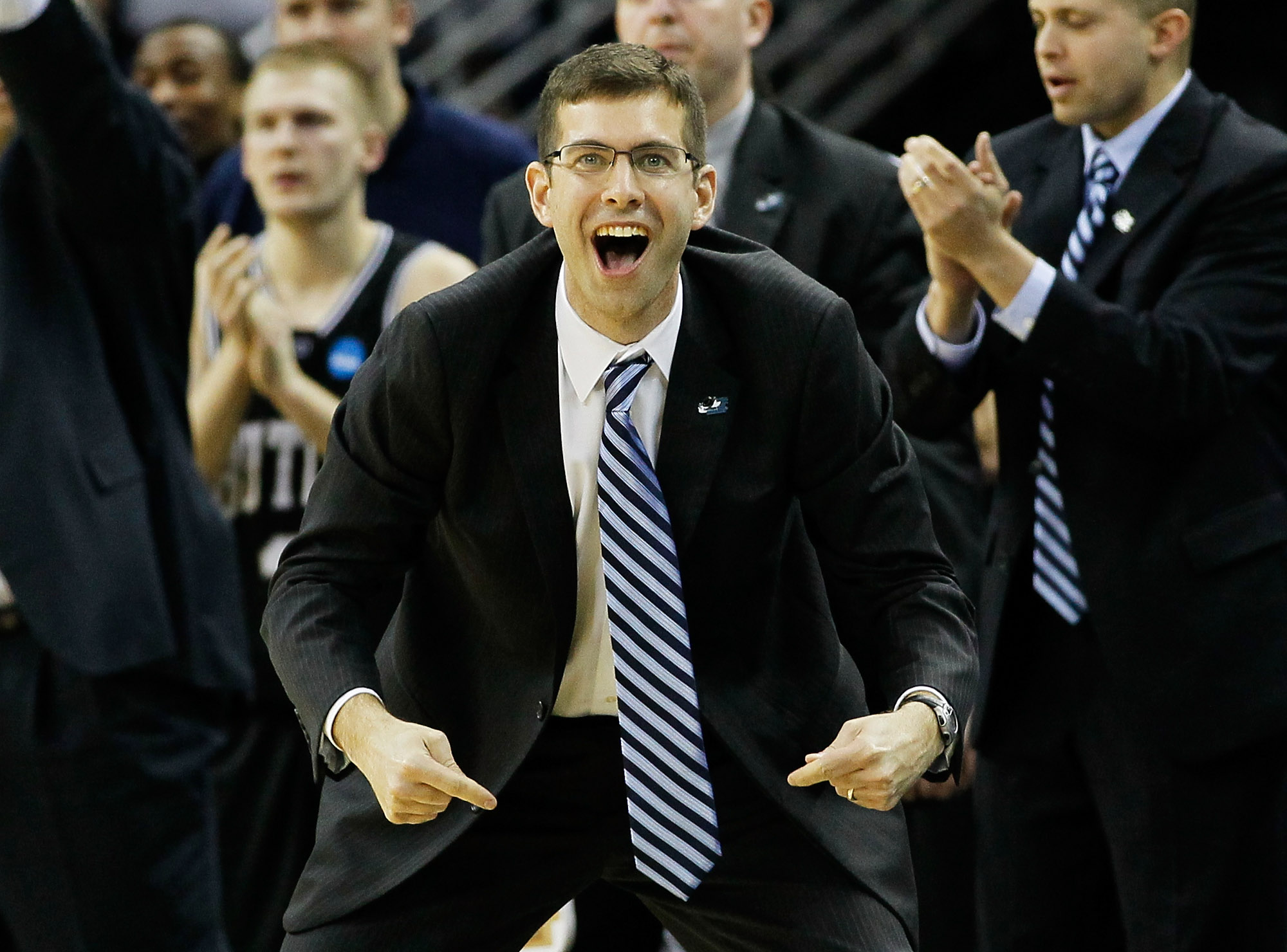 NEW ORLEANS, LA - MARCH 26: Head coach Brad Stevens of the Butler Bulldogs reacts during overtime against the Florida Gators in the Southeast regional final of the 2011 NCAA men's basketball tournament at New Orleans Arena on March 26, 2011 in New Orlean