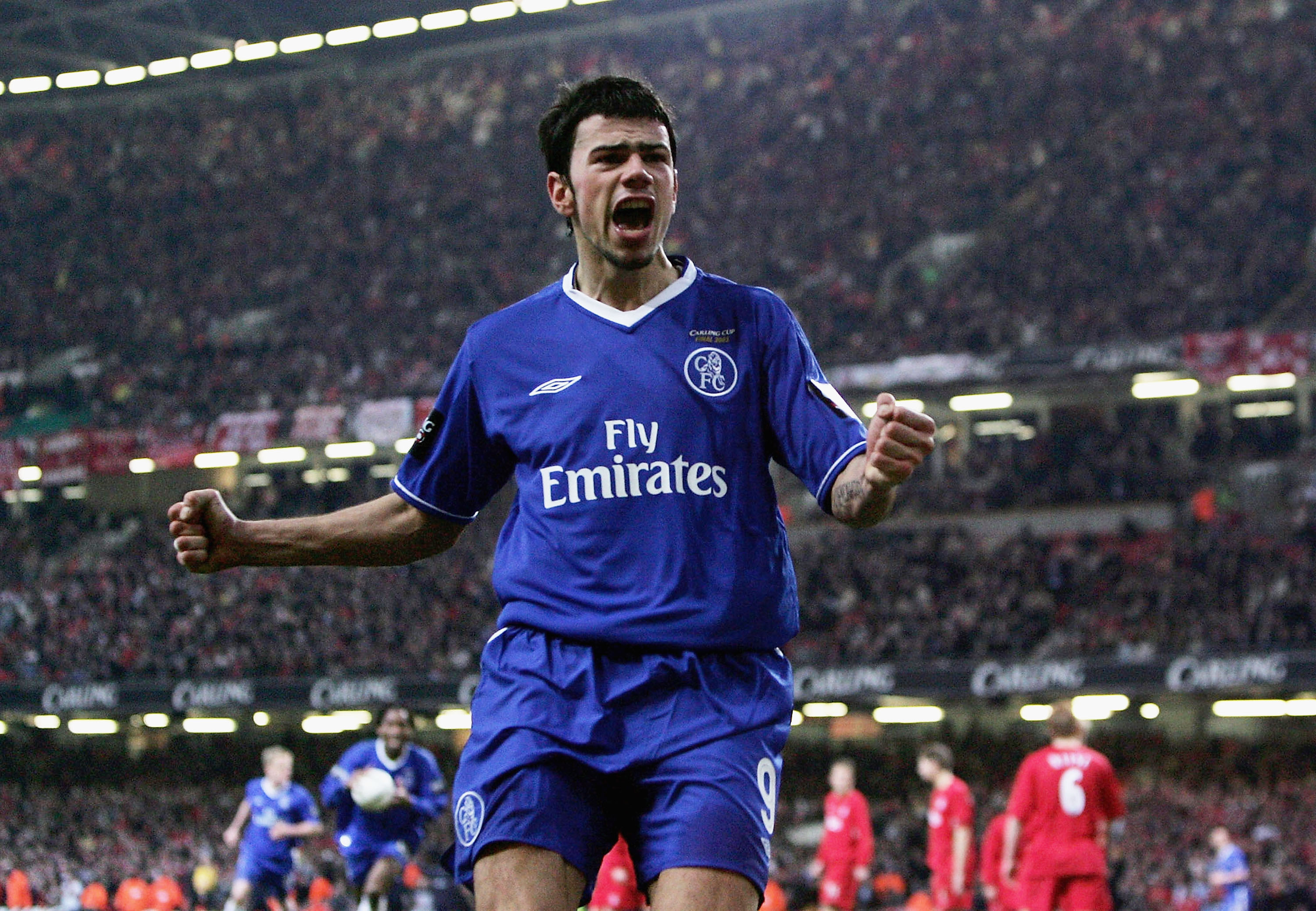 CARDIFF, UNITED KINGDOM - FEBRUARY 27: Mateja Kezman of Chelsea celebrates scoring their third and winning goal during the Carling Cup Final match between Chelsea and Liverpool at the Millennium Stadium on February 27, 2005 in Cardiff, Wales.  (Photo by B