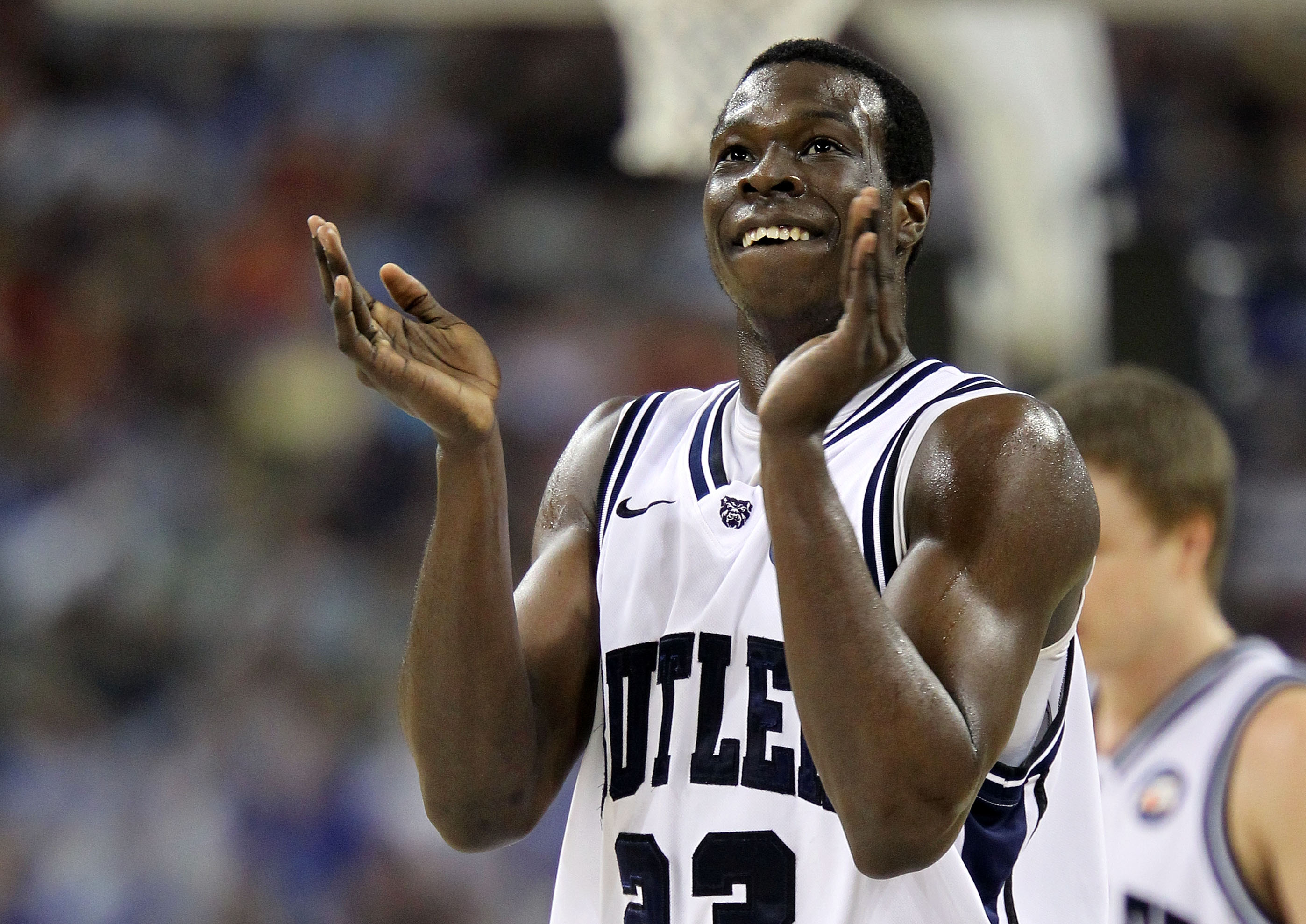HOUSTON, TX - APRIL 02: Khyle Marshall #23 of the Butler Bulldogs reacts in the first half while taking on Virginia Commonwealth Rams during the National Semifinal game of the 2011 NCAA Division I Men's Basketball Championship at Reliant Stadium on April