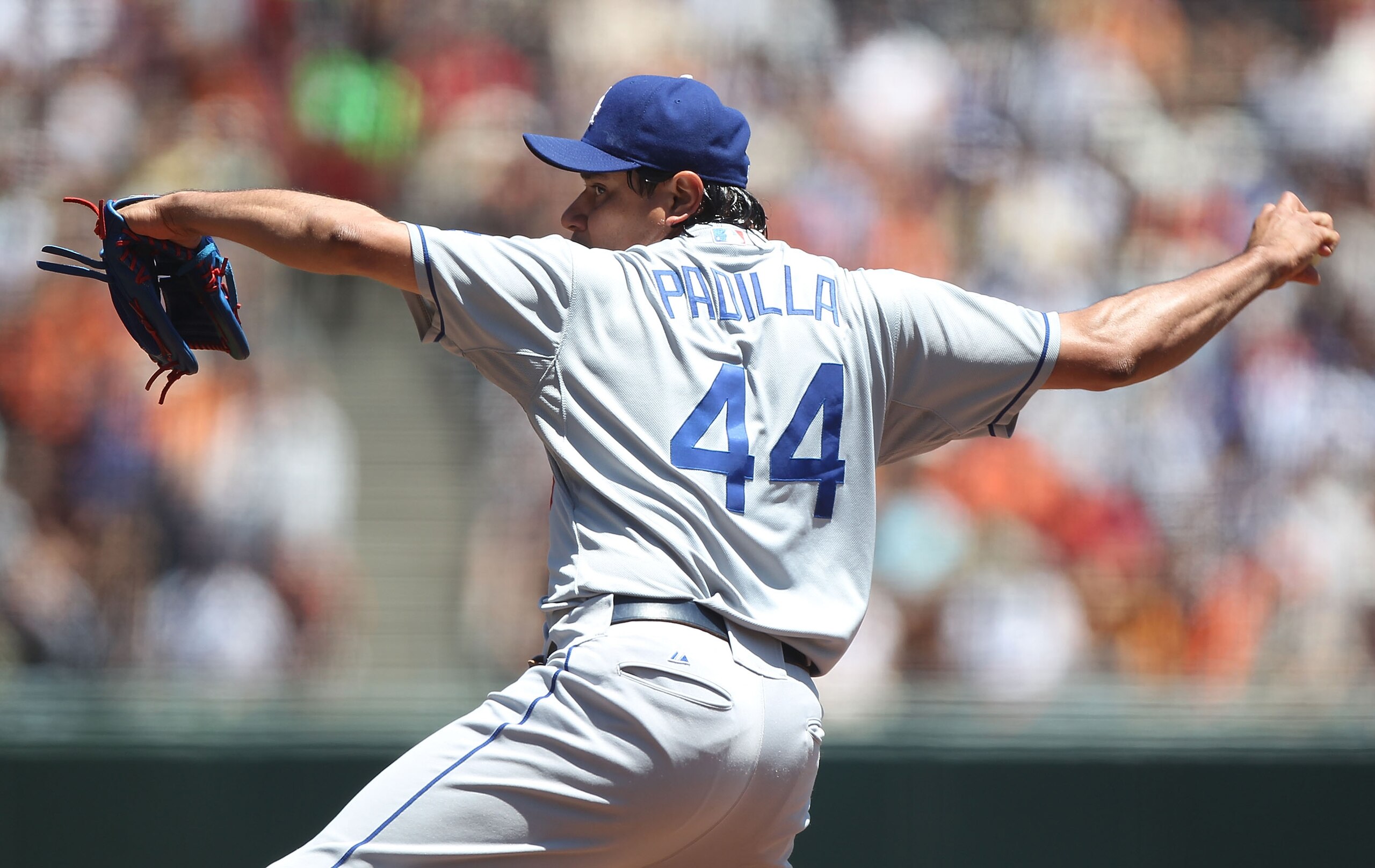 SAN FRANCISCO - JUNE 30:  Vincente Padilla #44 of the Los Angeles Dodgers pitches against the San Francisco Giants during an MLB game at AT&T Park on June 30, 2010 in San Francisco, California. (Photo by Jed Jacobsohn/Getty Images)