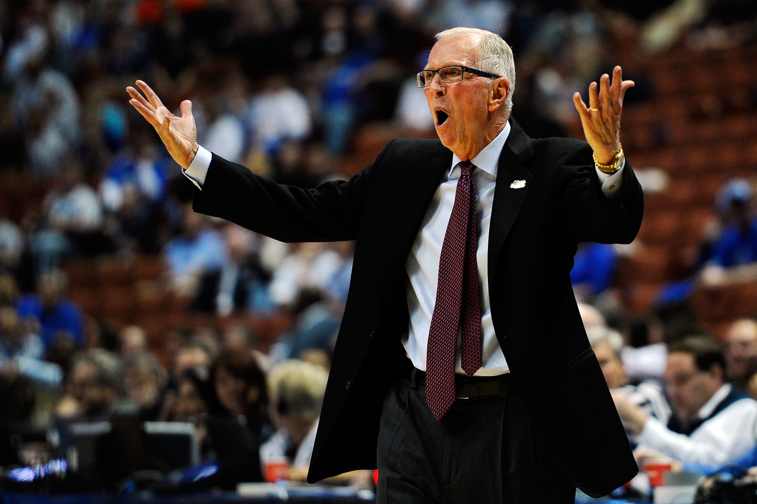 ANAHEIM, CA - MARCH 24:  Head coach Steve Fisher of the San Diego State Aztecs shouts from the sidelines during the west regional semifinal of the 2011 NCAA men's basketball tournament at the Honda Center on March 24, 2011 in Anaheim, California.  (Photo