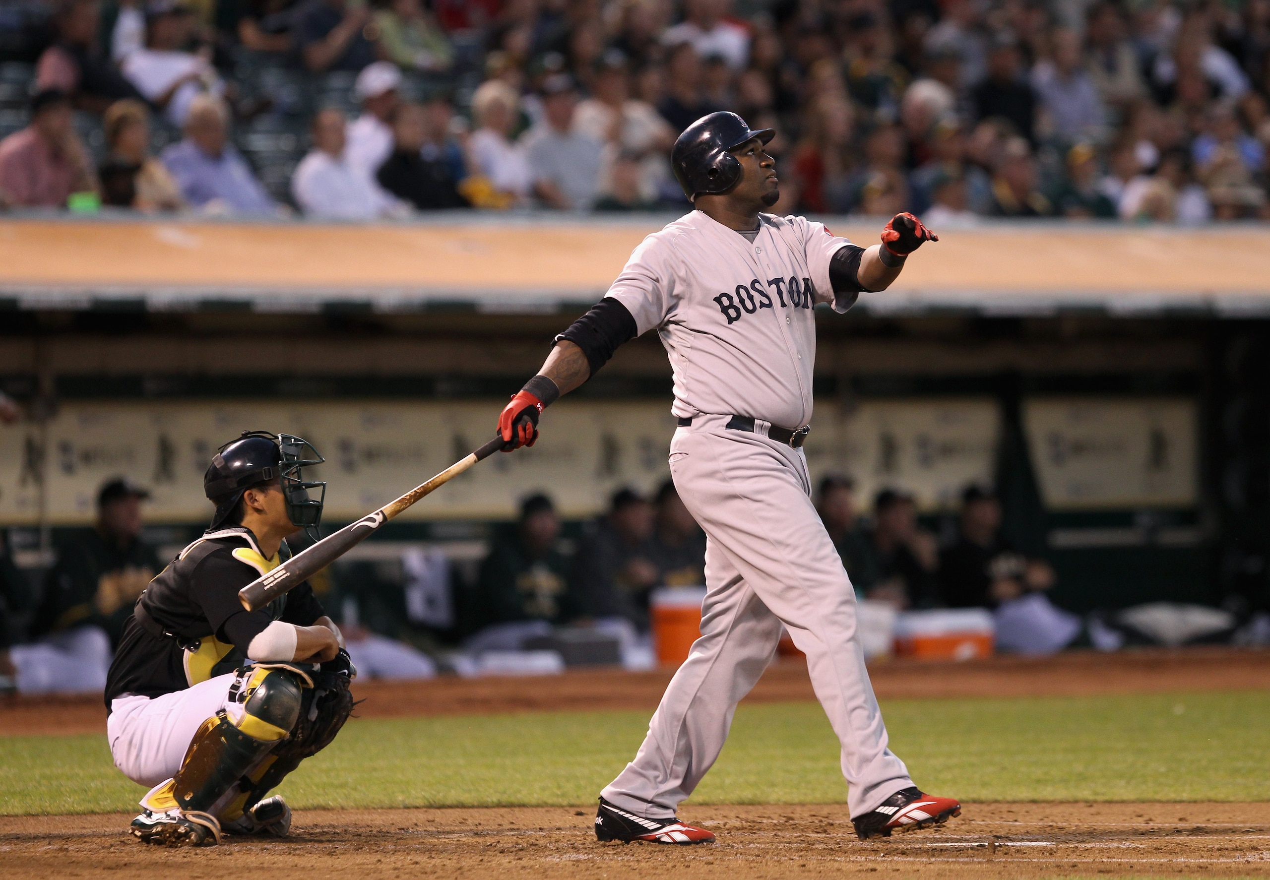OAKLAND, CA - SEPTEMBER 10:  David Ortiz #34 of the Boston Red Sox bats against the Oakland Athletics at the Oakland-Alameda County Coliseum on September 10, 2010 in Oakland, California.  (Photo by Ezra Shaw/Getty Images)