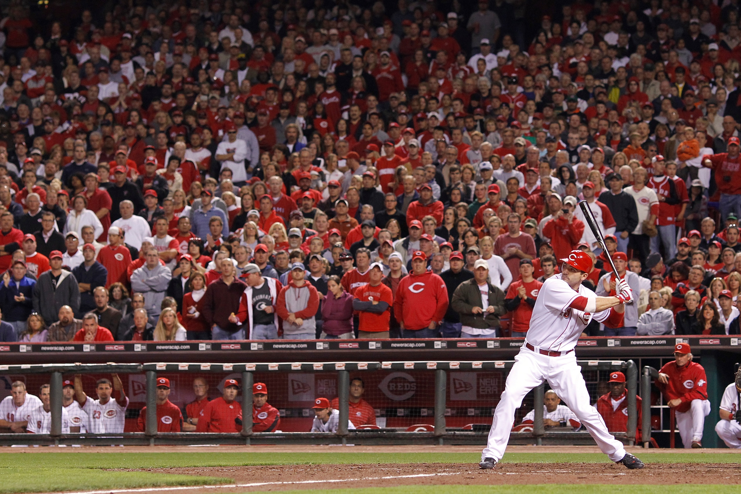CINCINNATI, OH - SEPTEMBER 28: Joey Votto #19 of the Cincinnati Reds bats against the Houston Astros at Great American Ball Park on September 28, 2010 in Cincinnati, Ohio. The Reds won 3-2 to clinch the NL Central Division title. (Photo by Joe Robbins/Get