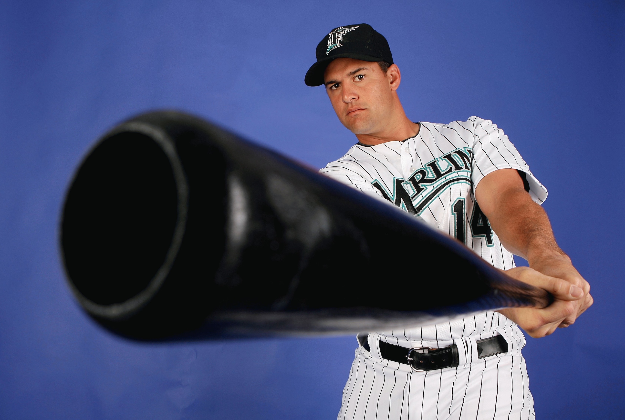 JUPITER, FL - FEBRUARY 22:  Gaby Sanchez #14 of the Florida Marlins poses during photo day at Roger Dean Stadium on February 22, 2009 in Jupiter, Florida.  (Photo by Doug Benc/Getty Images)
