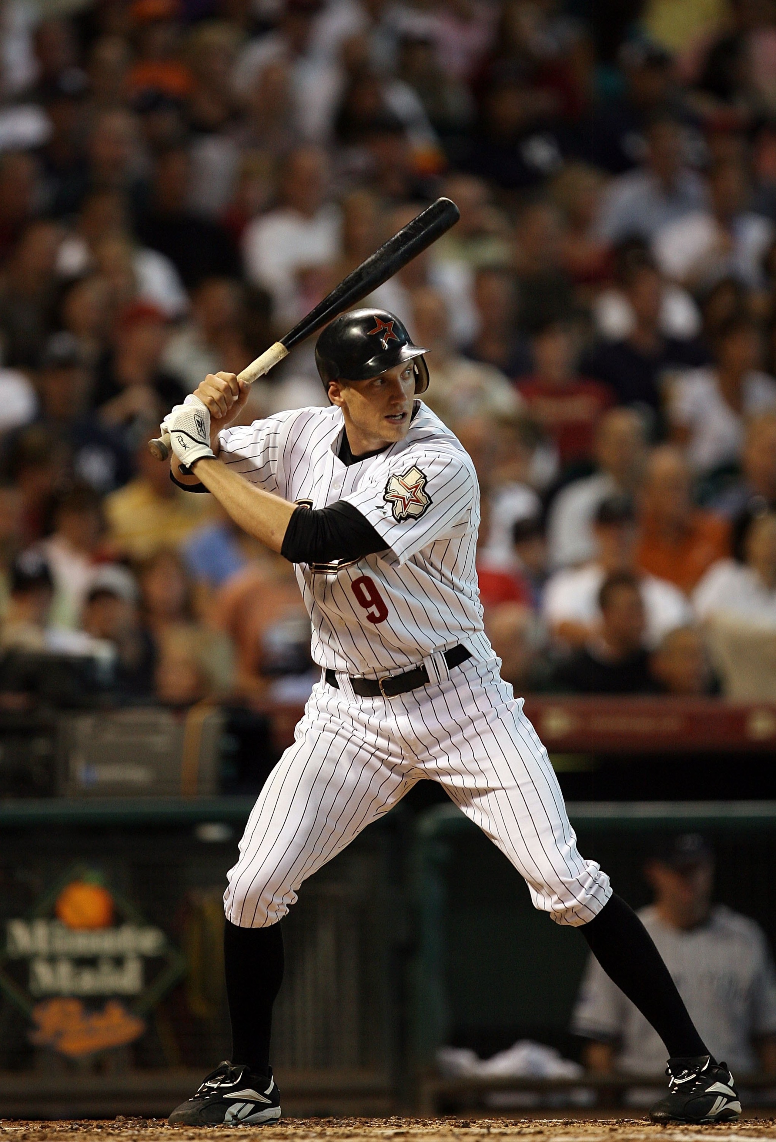 HOUSTON - JUNE 13:  Hunter Pence #9 of the Houston Astros during Interleague MLB action against the New York Yankees on June 13, 2008 at Minute Maid Park in Houston, Texas.  (Photo by Ronald Martinez/Getty Images)
