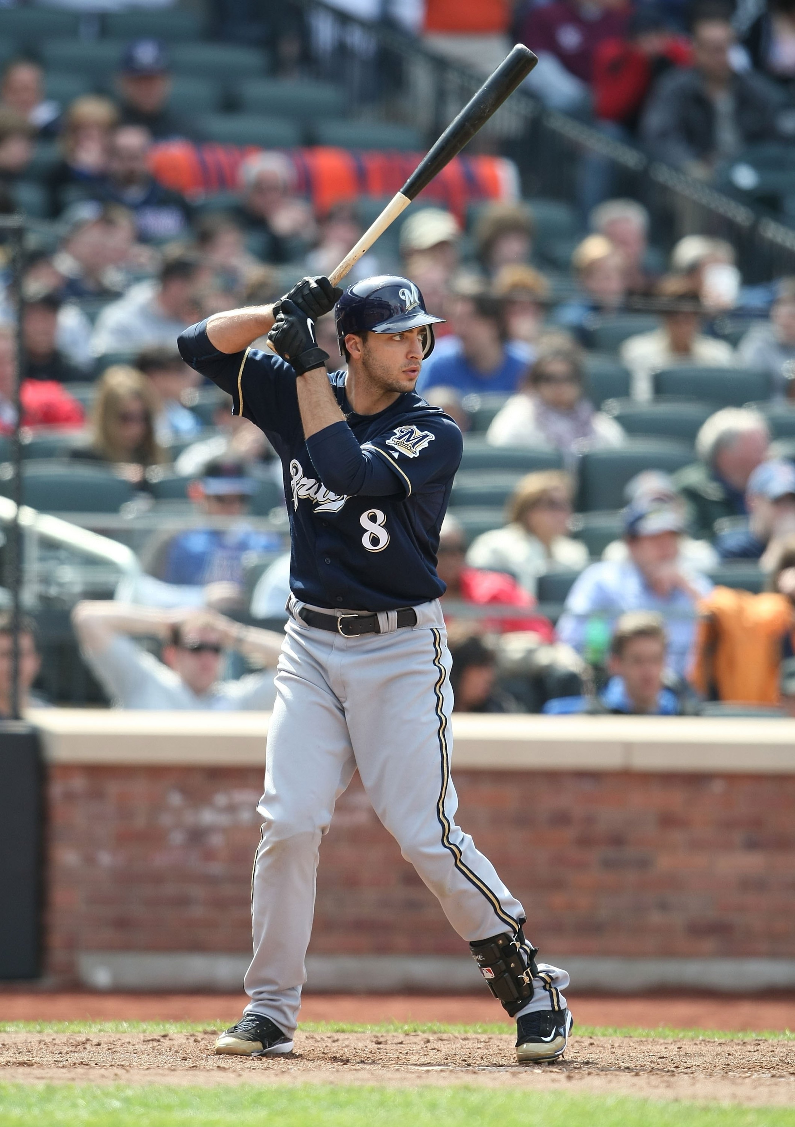 NEW YORK - APRIL 19:  Ryan Braun #8 of the Milwaukee Brewers at bat against the New York Mets at Citi Field on April 19, 2009 in the Flushing neighborhood of the Queens borough of New York City.  (Photo by Nick Laham/Getty Images)