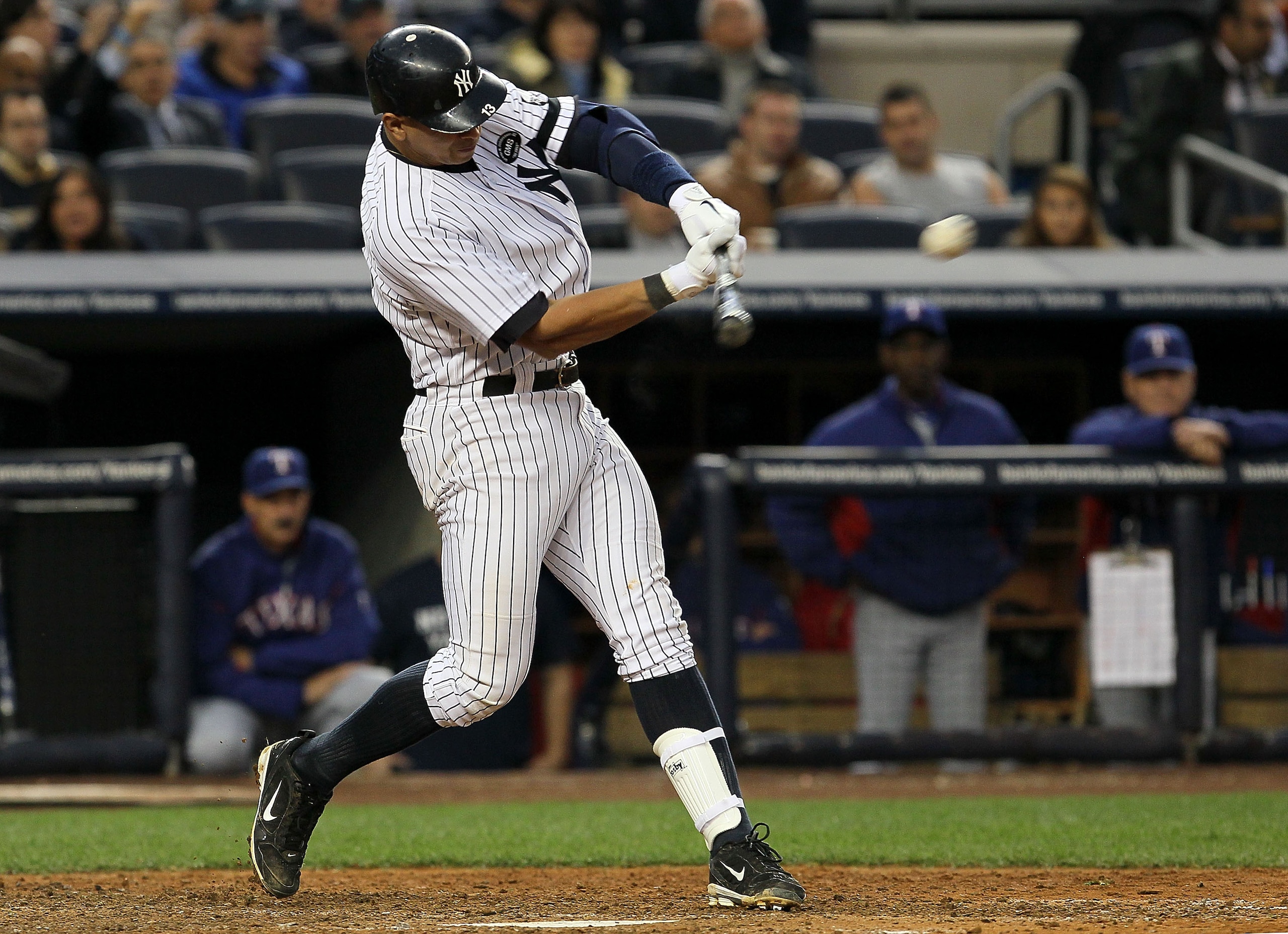 NEW YORK - OCTOBER 20:  Alex Rodriguez #13 of the New York Yankees hits a ground rule double in the bottom of the fifth inning against the Texas Rangers in Game Five of the ALCS during the 2010 MLB Playoffs at Yankee Stadium on October 20, 2010 in the Bro