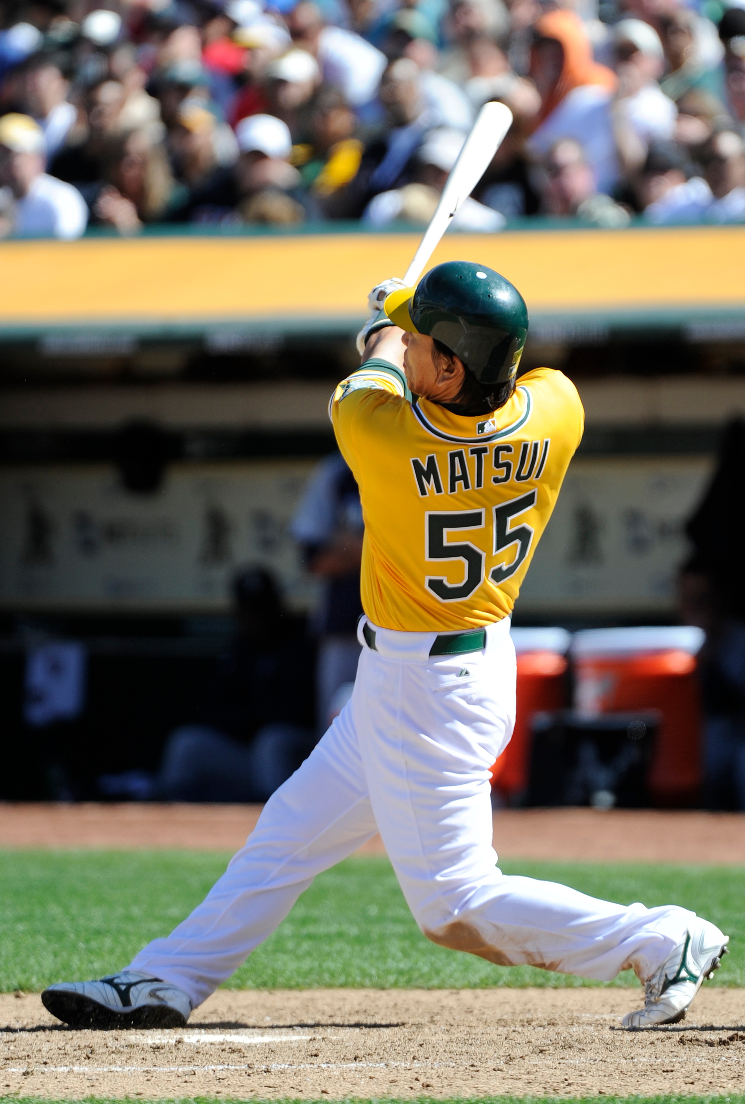 OAKLAND, CA - APRIL 3: Hideki Matsui #55 of the Oakland Athletics gets an rbi basehit in the seventh inning against the Seattle Mariners during a MLB baseball game at the Oakland-Alameda County Coliseum April 3, 2011 in Oakland, California.  (Photo by The