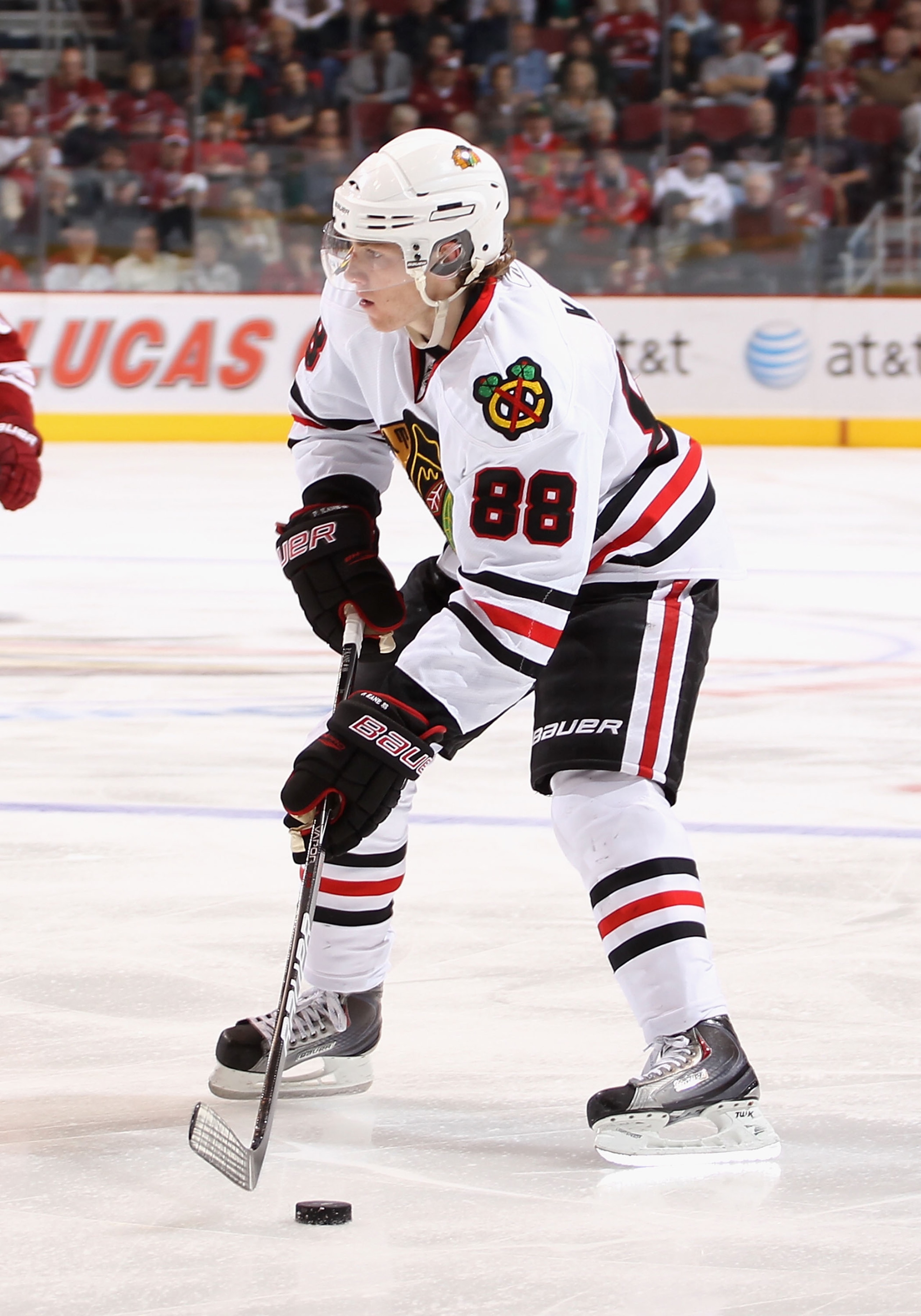 GLENDALE, AZ - MARCH 20:  Patrick Kane #88 of the Chicago Blackhawks skates with the puck during the NHL game against the Phoenix Coyotes at Jobing.com Arena on March 20, 2011 in Glendale, Arizona. The Blackhawks defeated the Coyotes 2-1.  (Photo by Chris